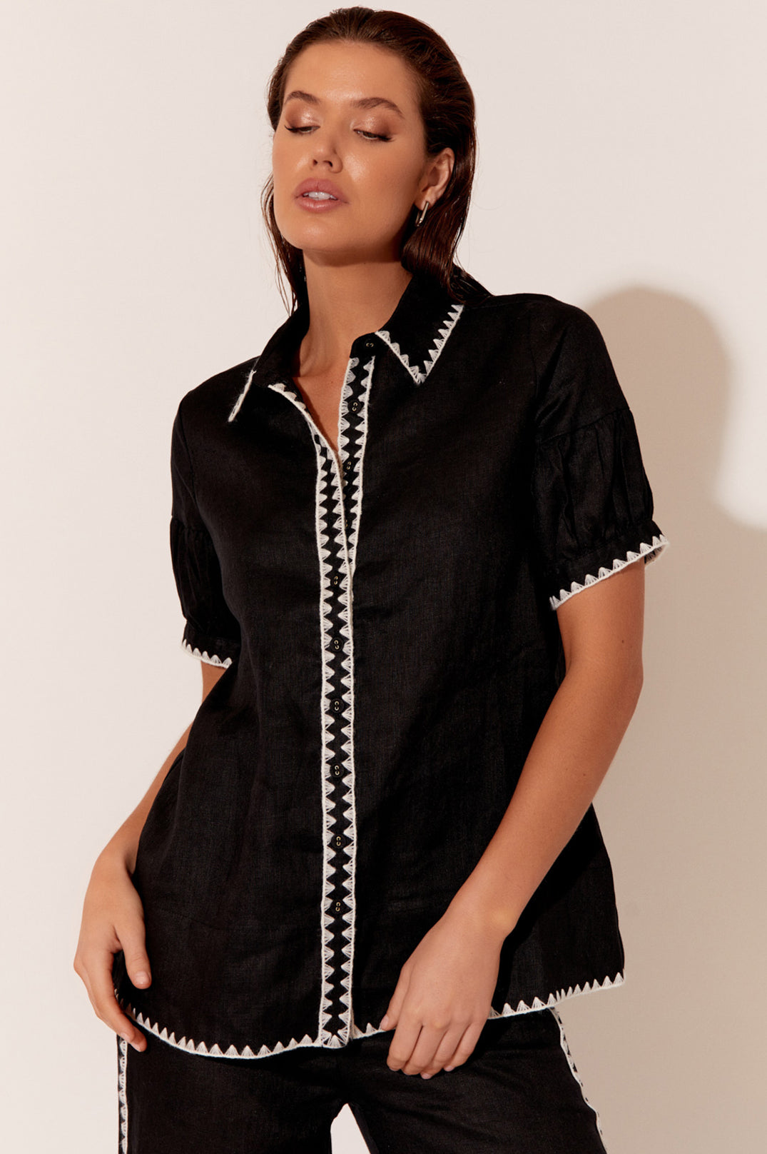 Ebony Stitched Edge Linen Shirt - Black