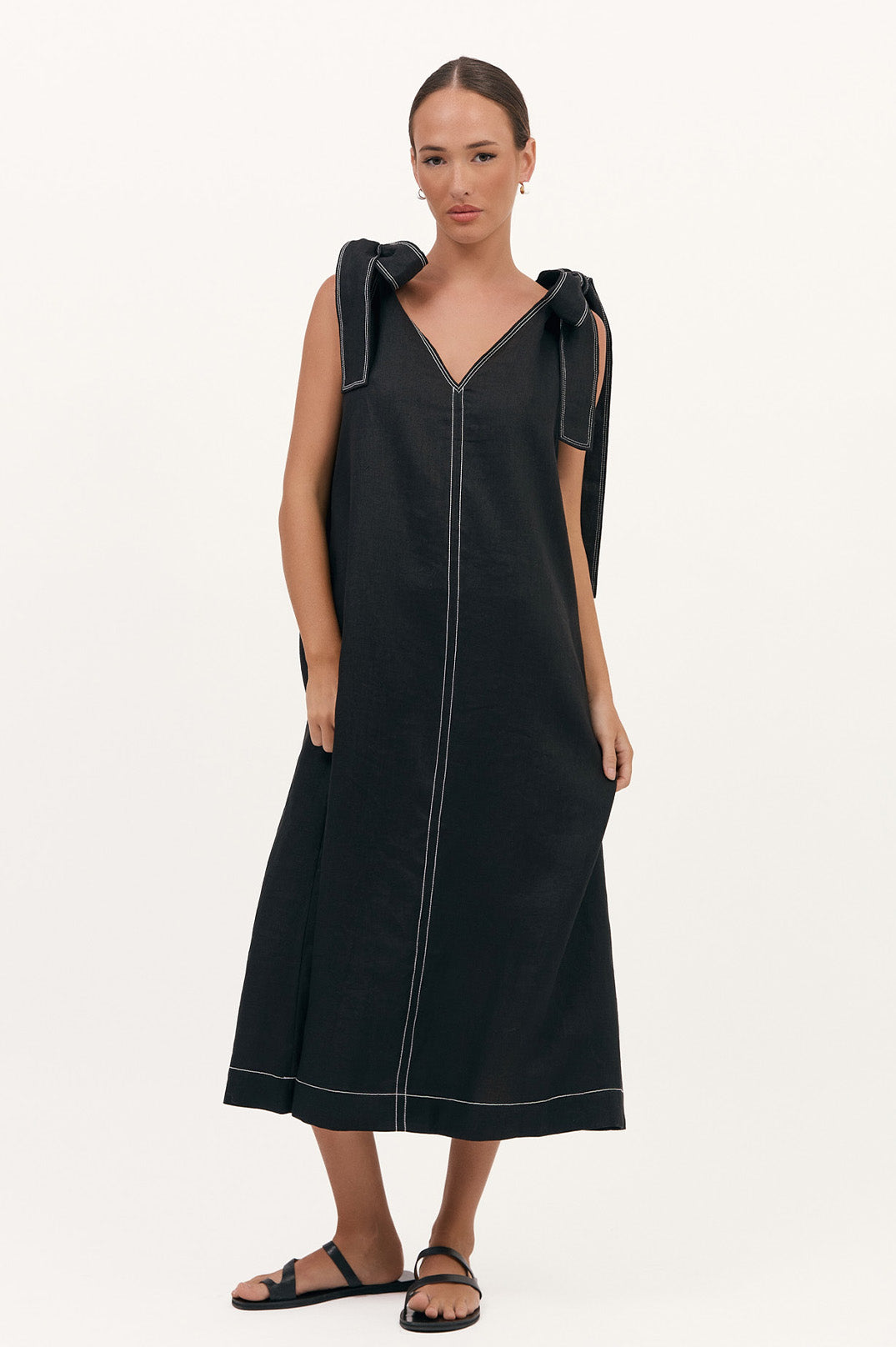 Abbie Contrast Stitch Tie Shoulder Dress - Black