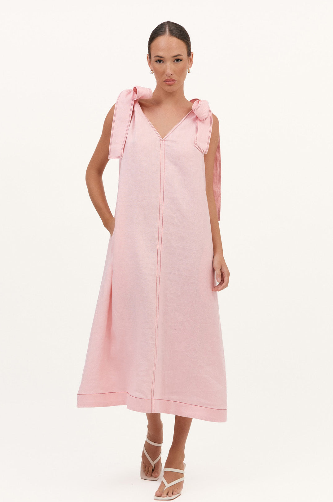 Abbie Contrast Stitch Tie Shoulder Dress - Pink