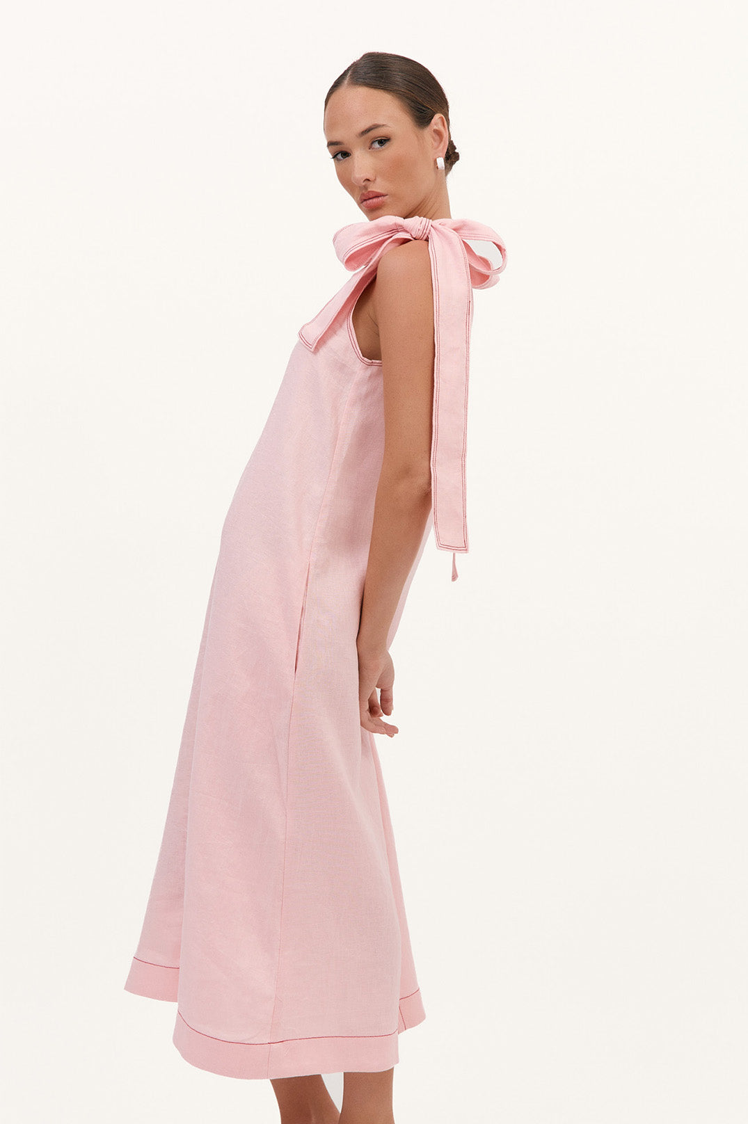 Abbie Contrast Stitch Tie Shoulder Dress - Pink