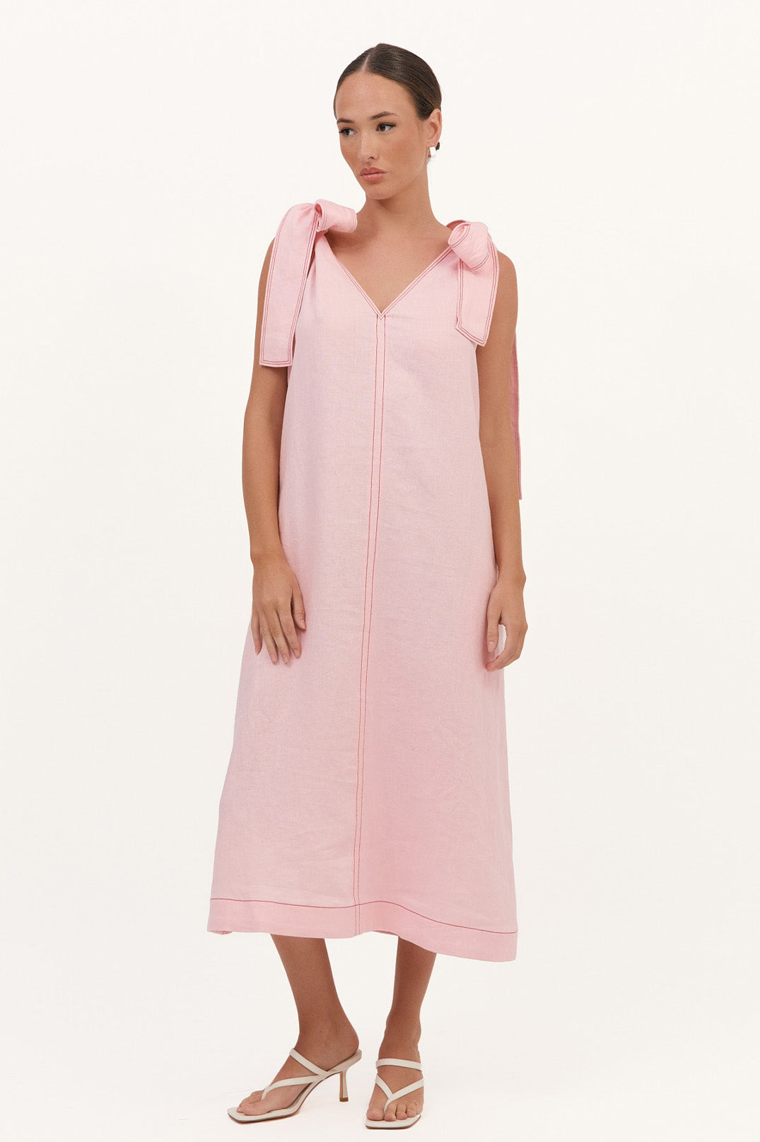 Abbie Contrast Stitch Tie Shoulder Dress - Pink