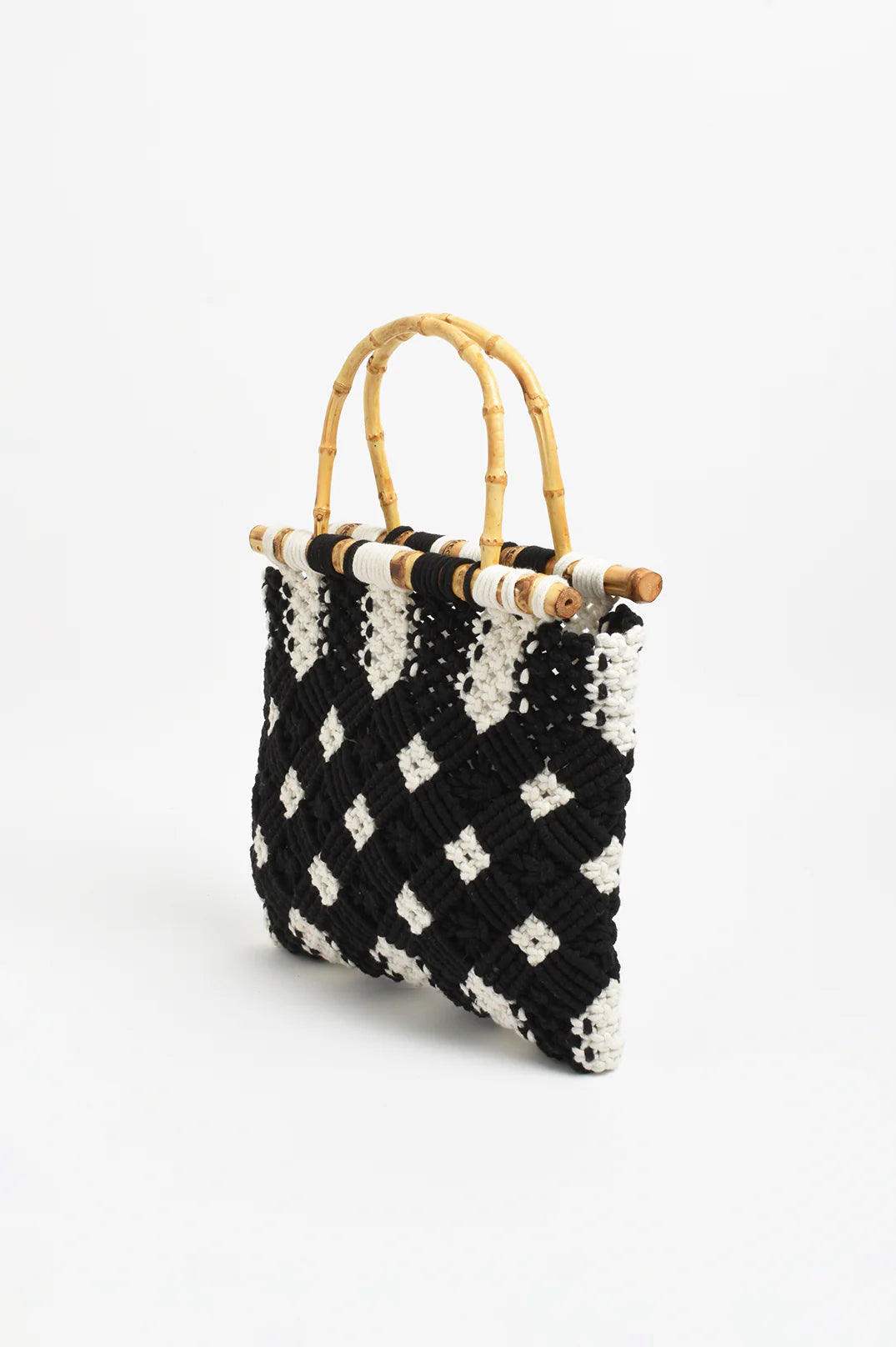 Brittney Crochet Bamboo Handle Bag - Black/Cream