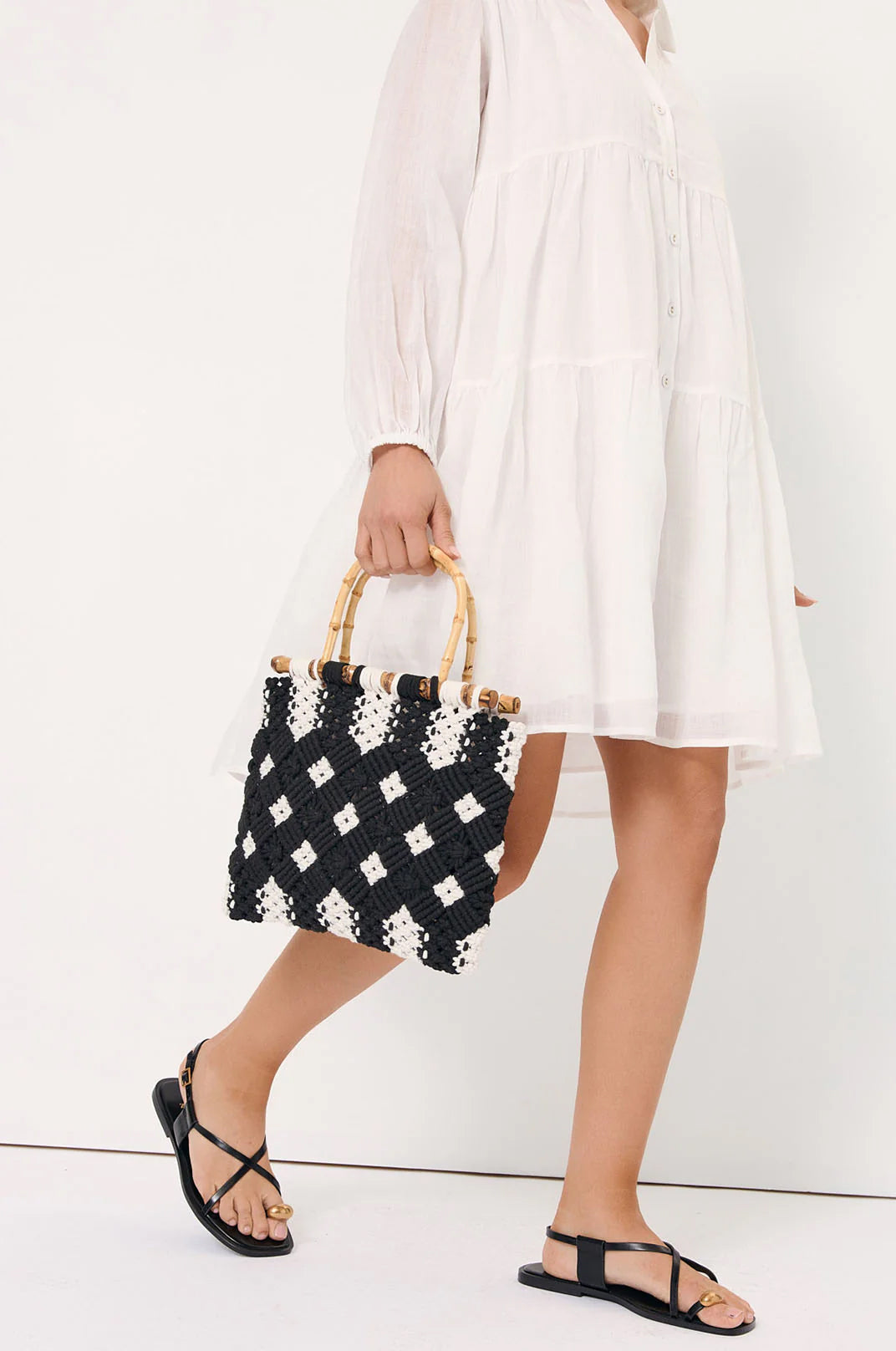 Brittney Crochet Bamboo Handle Bag - Black/Cream