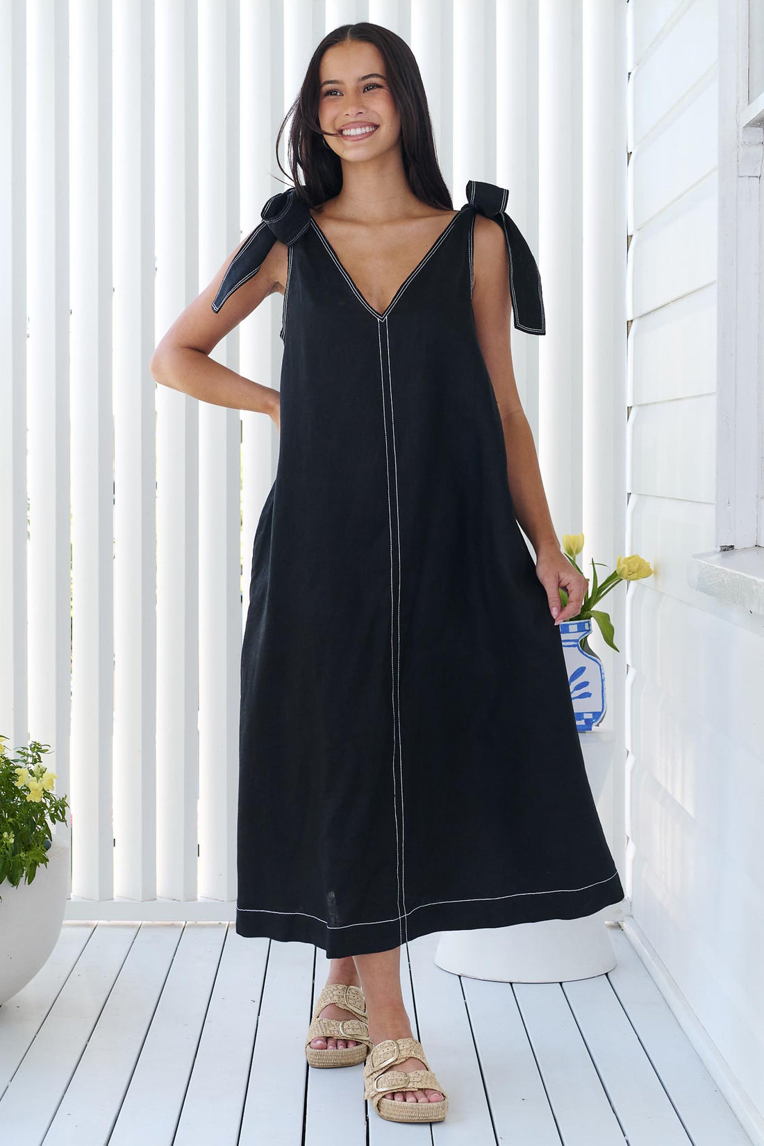 Abbie Tie Shoulder Dress - Black