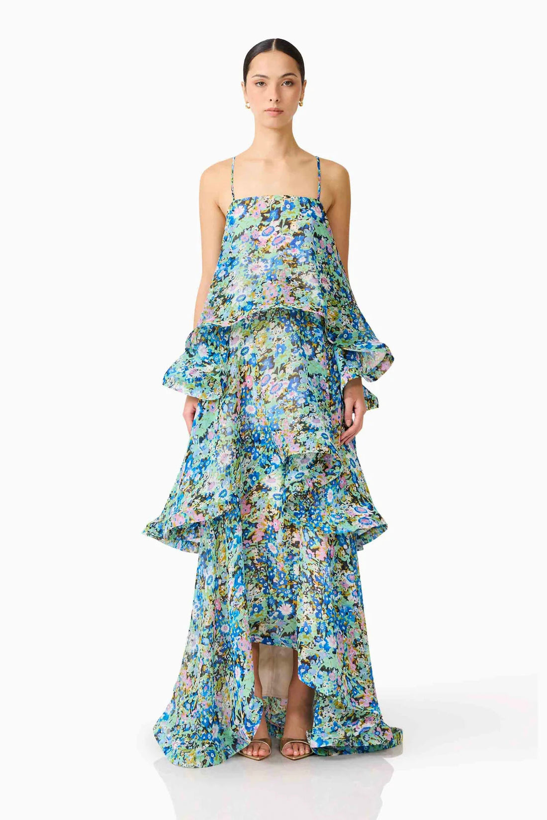 Woman wearing the Armani Tiered Maxi Dress in Blue Floral by ELLIATT