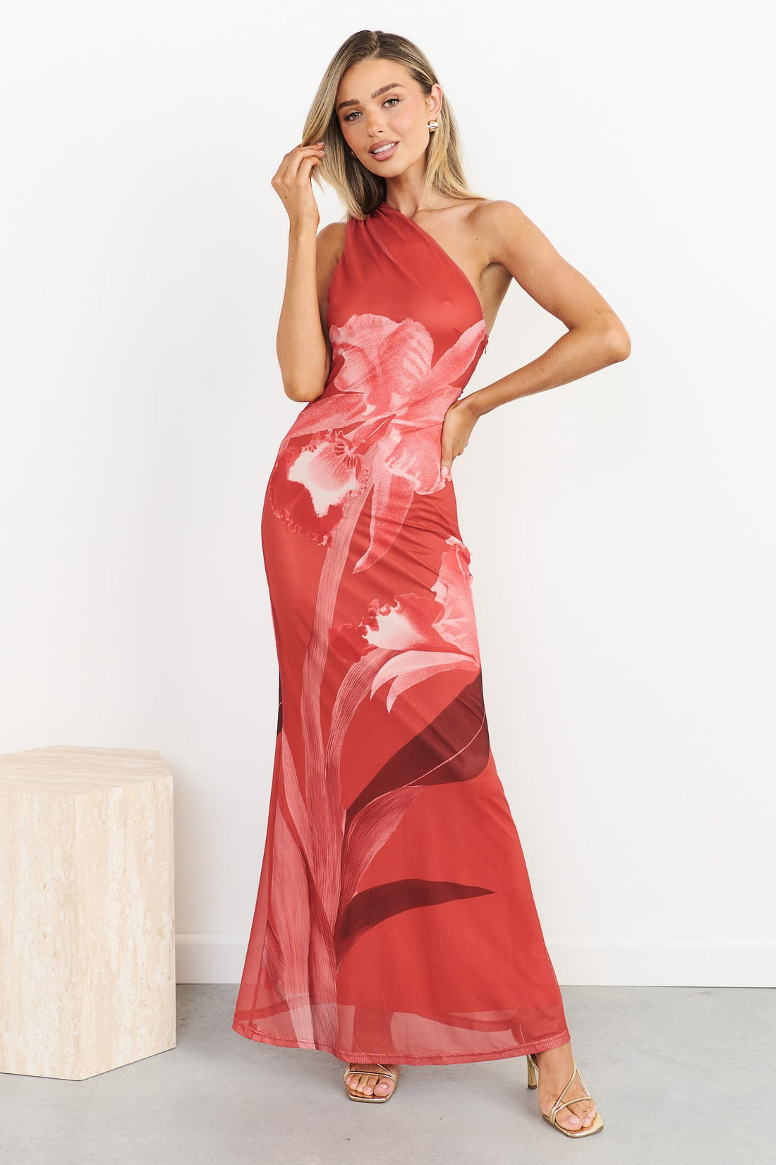 Ava One Shoulder Mesh Maxi Dress - Red