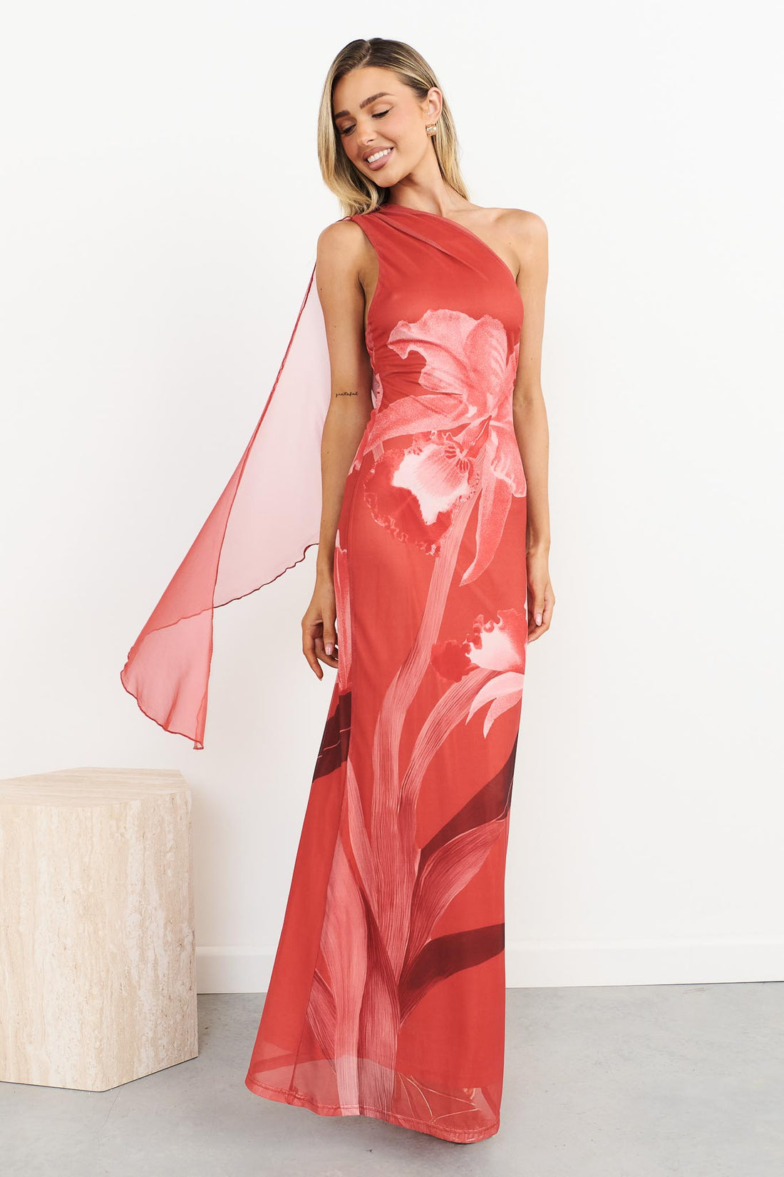 Ava One Shoulder Mesh Maxi Dress - Red