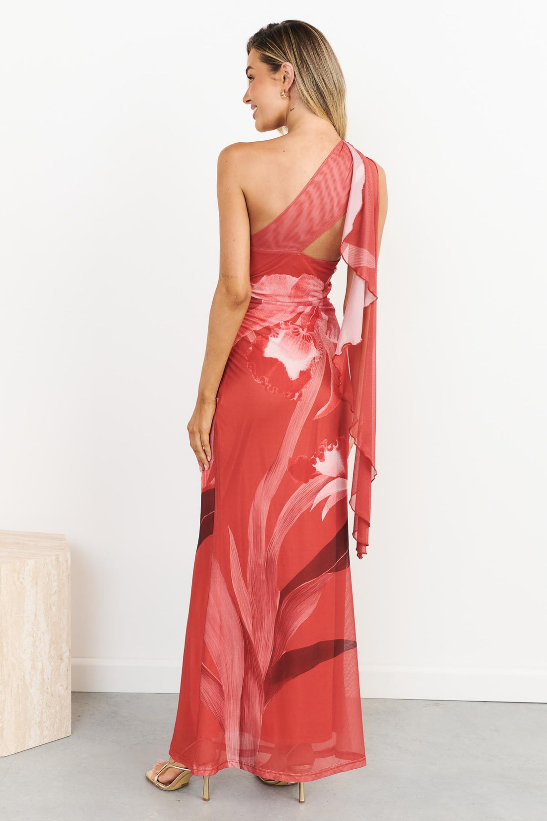 Ava One Shoulder Mesh Maxi Dress - Red