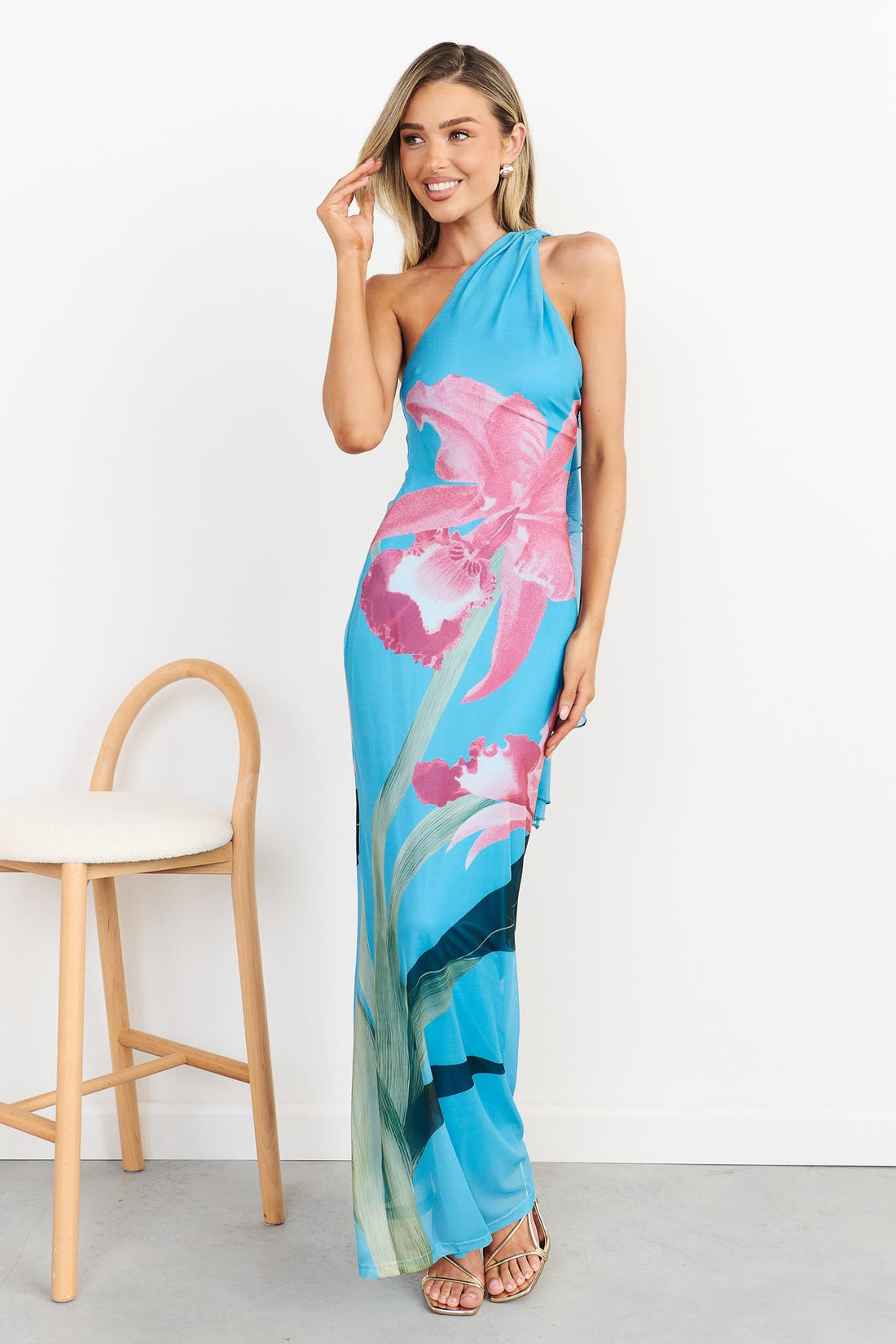 Ava One Shoulder Mesh Maxi Dress - Blue