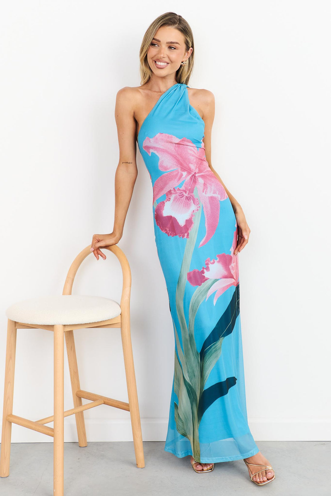 Ava One Shoulder Mesh Maxi Dress - Blue