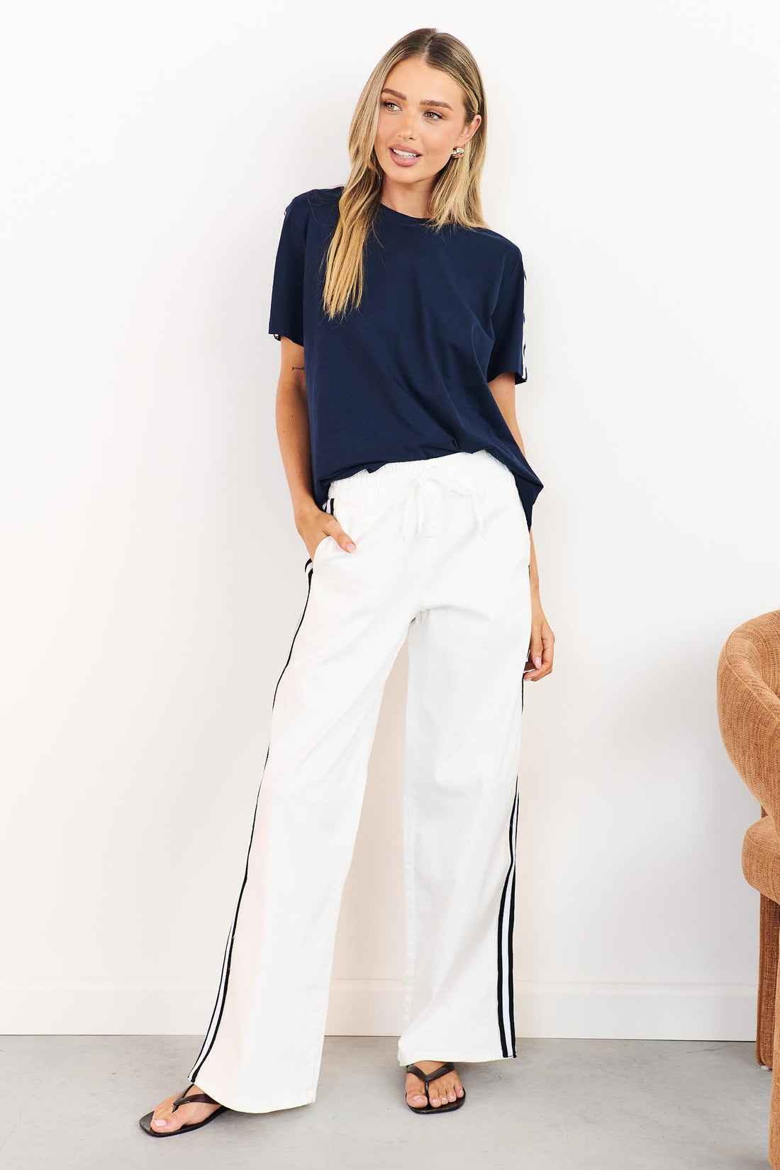 Bianca Side Stripe Pant - White - SALE
