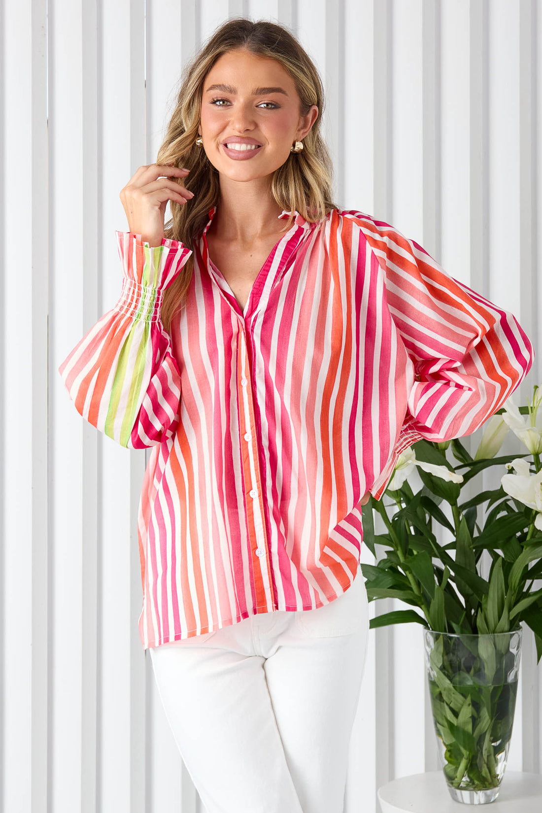 Pink and green stripe cotton shirt with ruffle cuffs