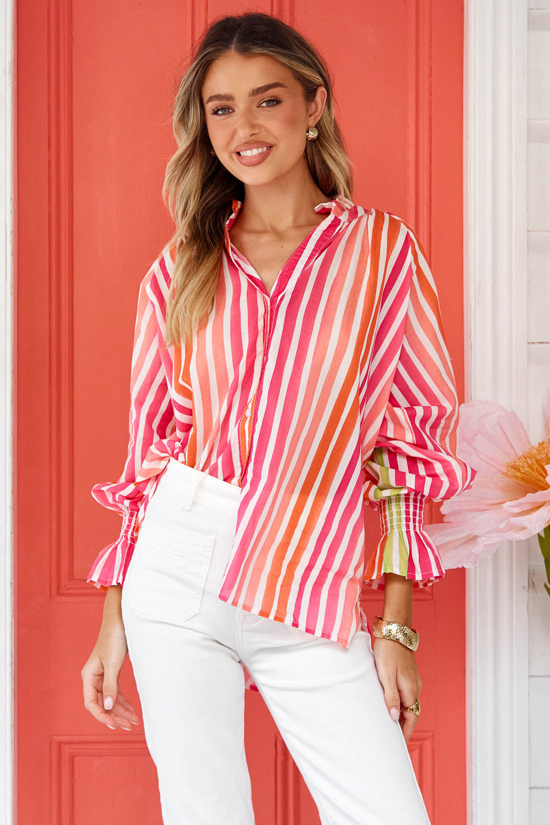 Pink stripe cotton shirt with ruffle cuffs