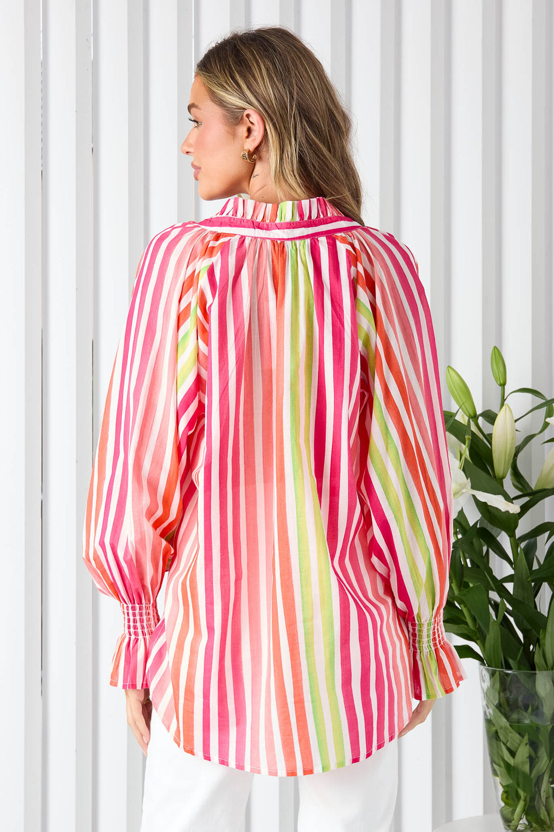 Back view pink stripe cotton shirt with ruffle cuffs