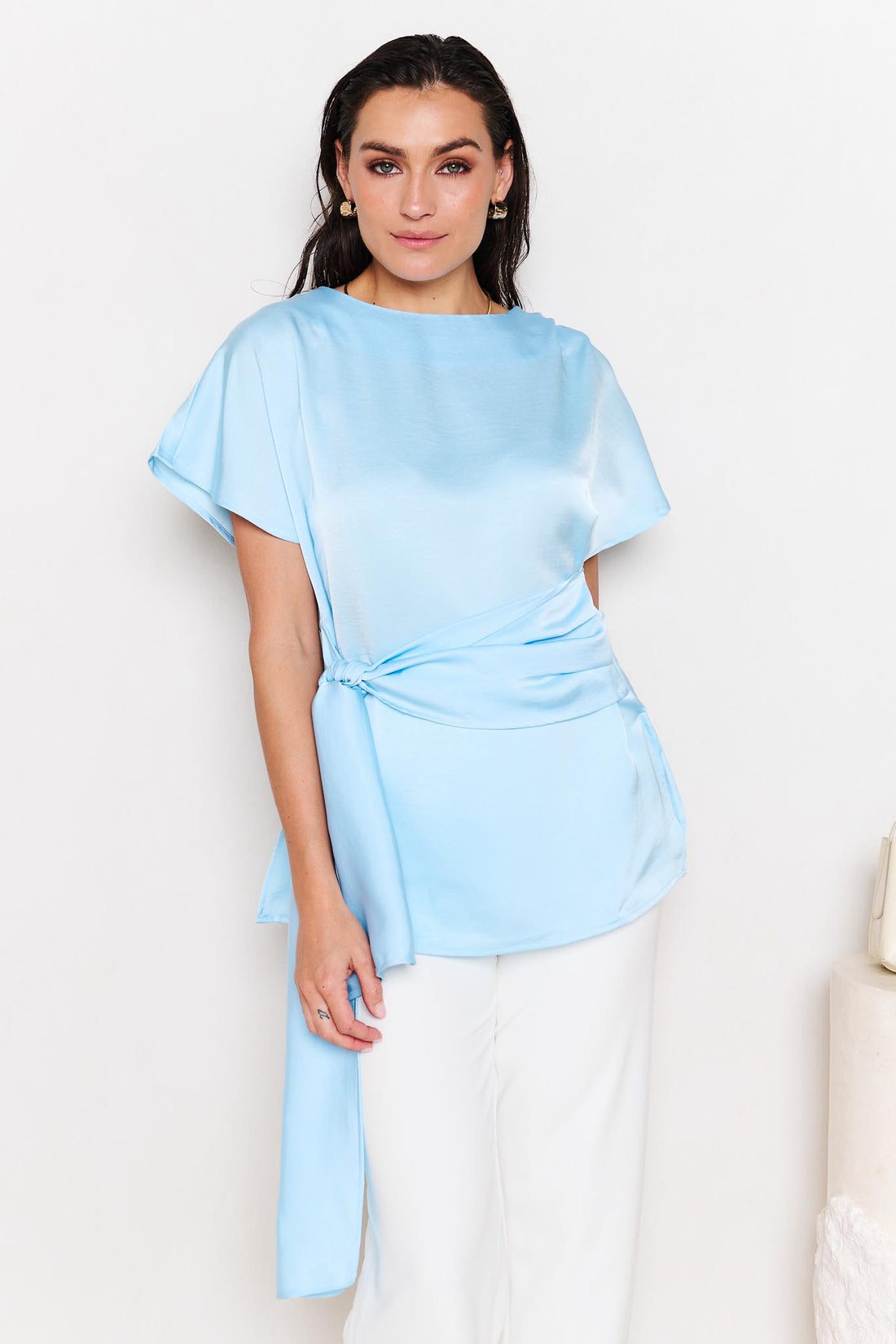 Dana Satin Tie Top - Pale Blue