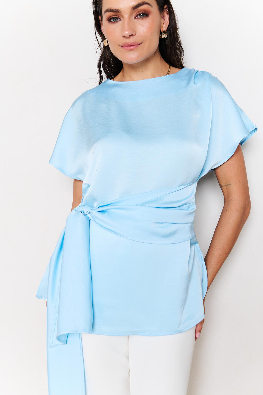 Dana Satin Tie Top - Pale Blue