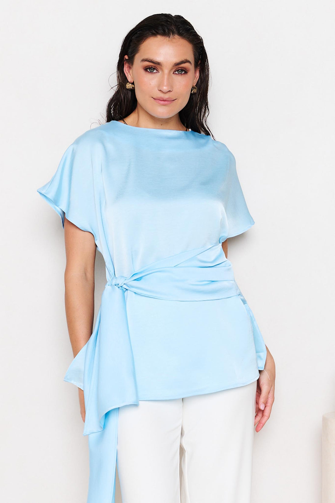 Dana Satin Tie Top - Pale Blue