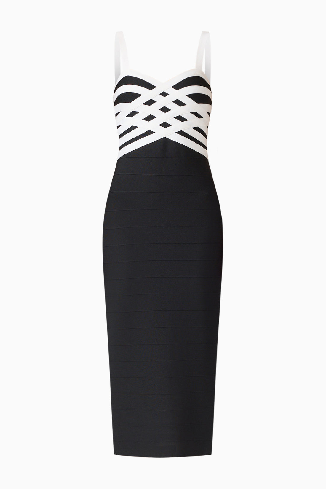 The ELLIATT Ninette Column Midi Dress in Black & White with a white criss-cross strap pattern across the bodice.