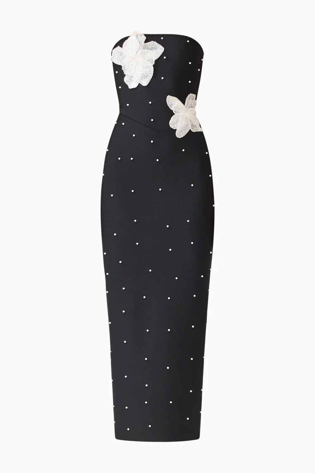 The ELLIATT Natasia embellished strapless black maxi dress with white floral appliqué flowers and pearl stud embellishments.