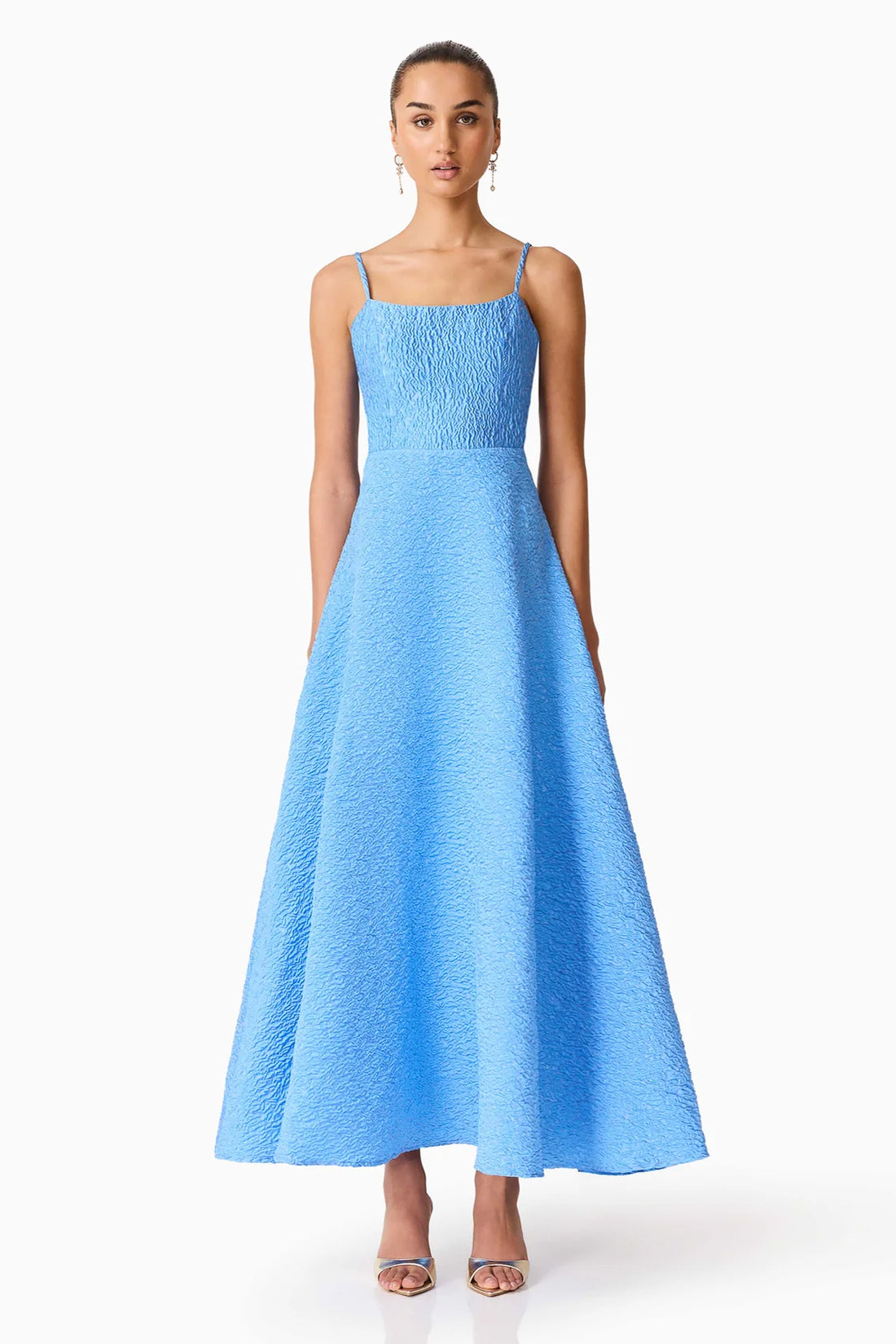 Front view of woman wearing the ELLIATT Briallen Jacquard Gown in blue