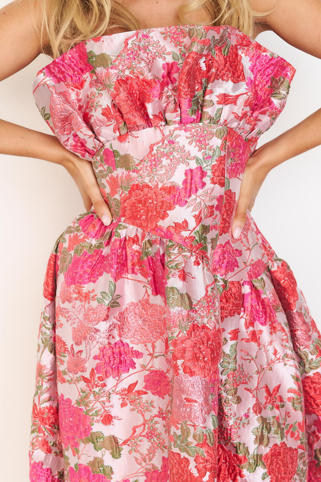 Floralie Strapless Gown by ELLIATT detail view of jacquard fabric