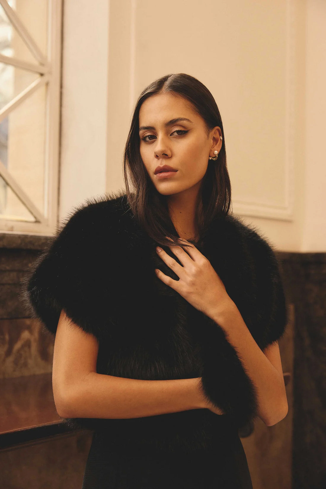 ELLIATT Veda faux fur bolero in black worn indoors