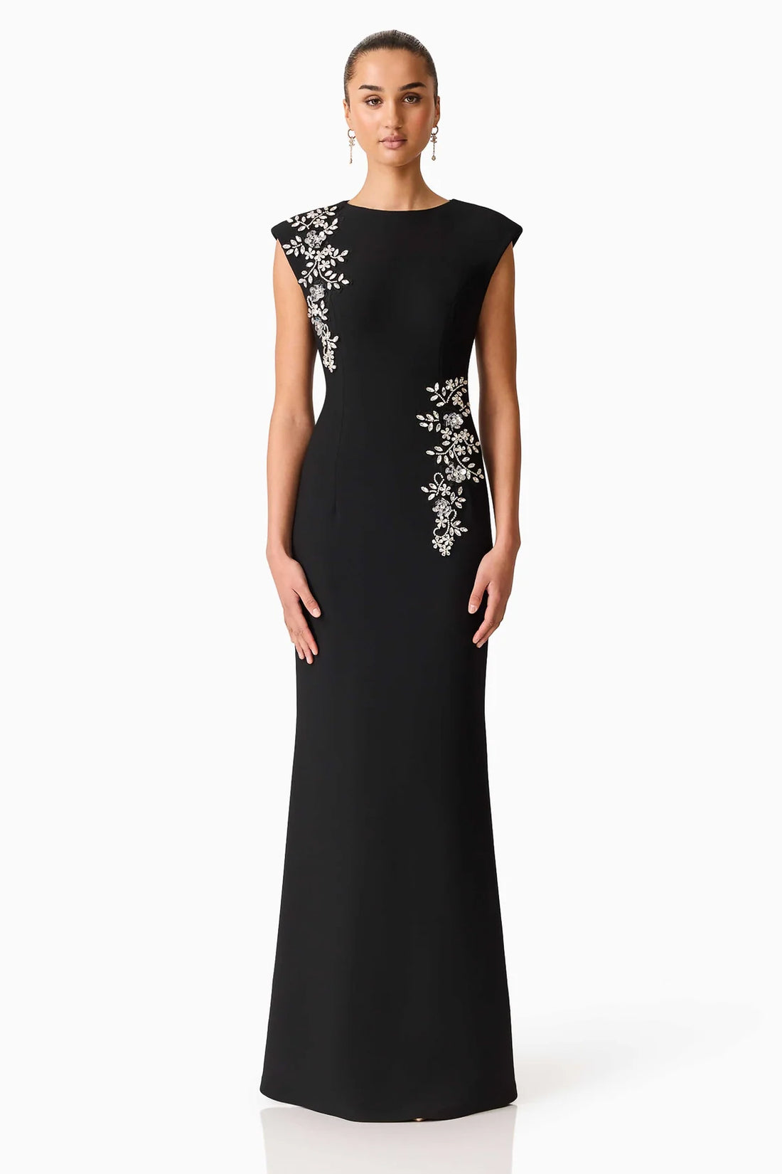 Front full length view of woman wearing the ELLIATT Veda Gown in black with diamante embellishments