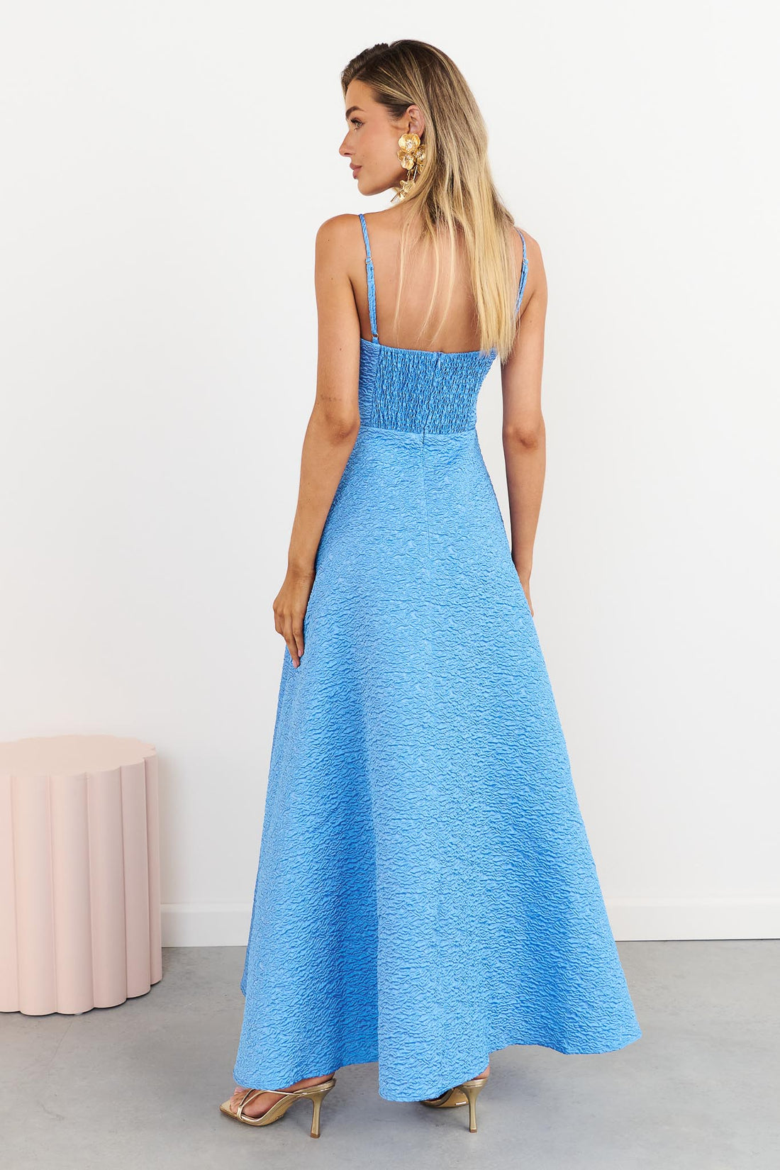 Back view of ELLIATT Briallen Jacquard Gown in blue