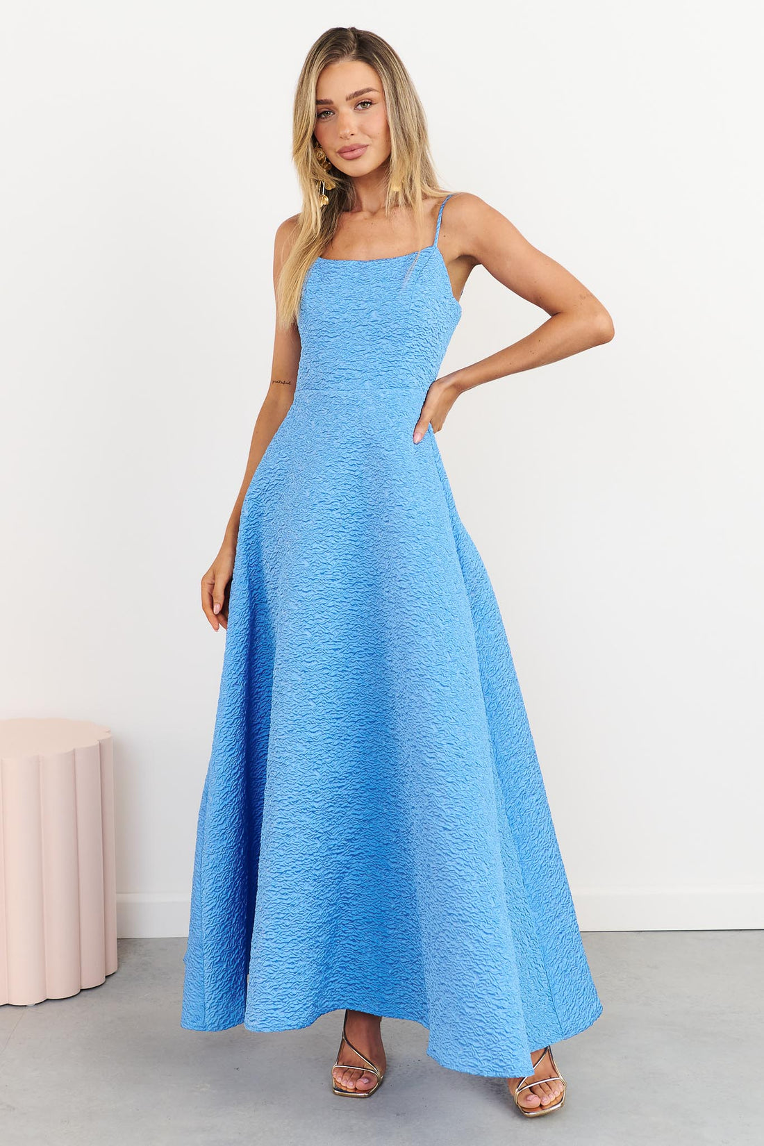 Woman wearing the ELLIATT Briallen Jacquard Gown in blue