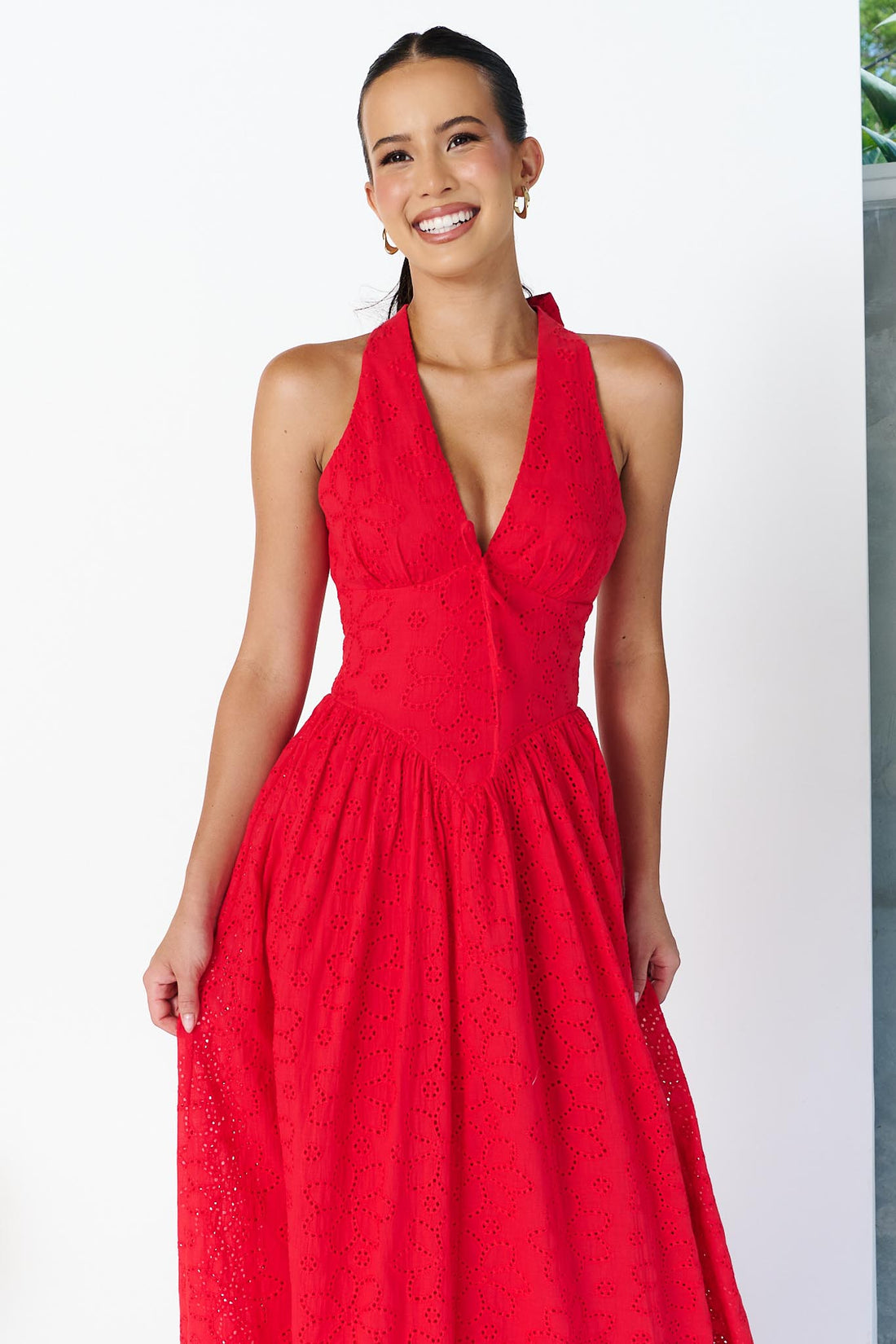 Erina Broderie Maxi Dress - Red