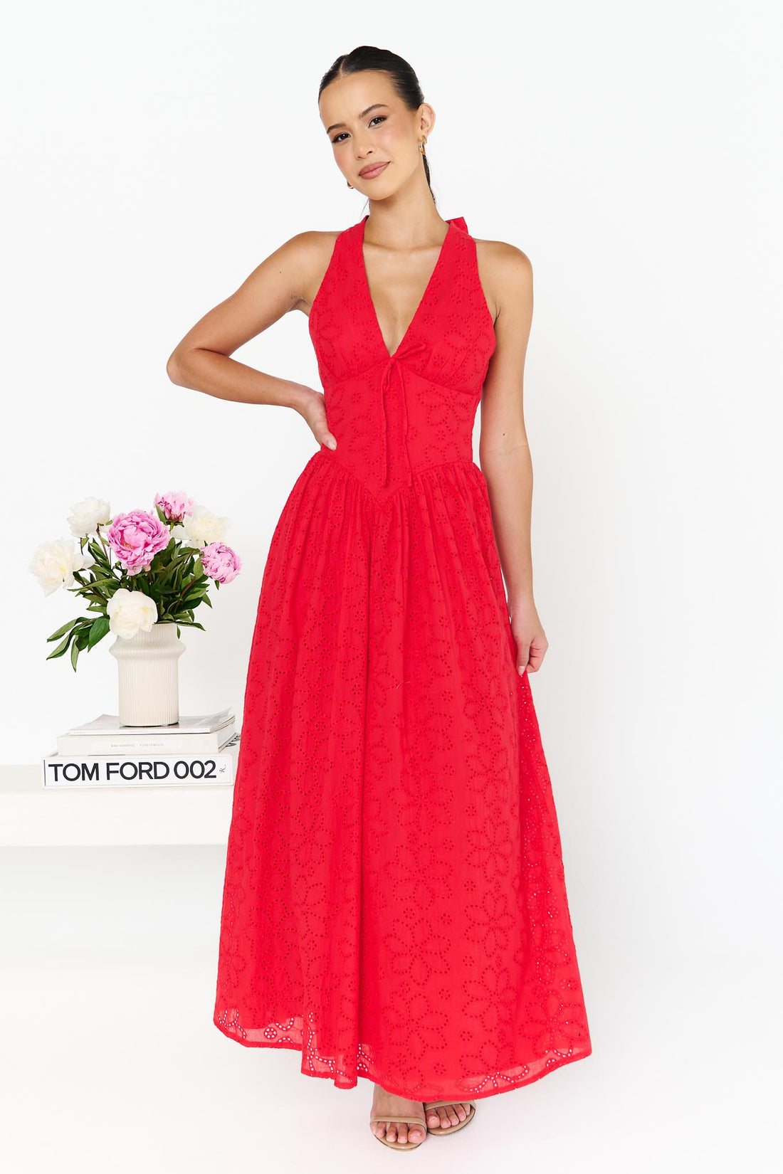 Erina Broderie Maxi Dress - Red