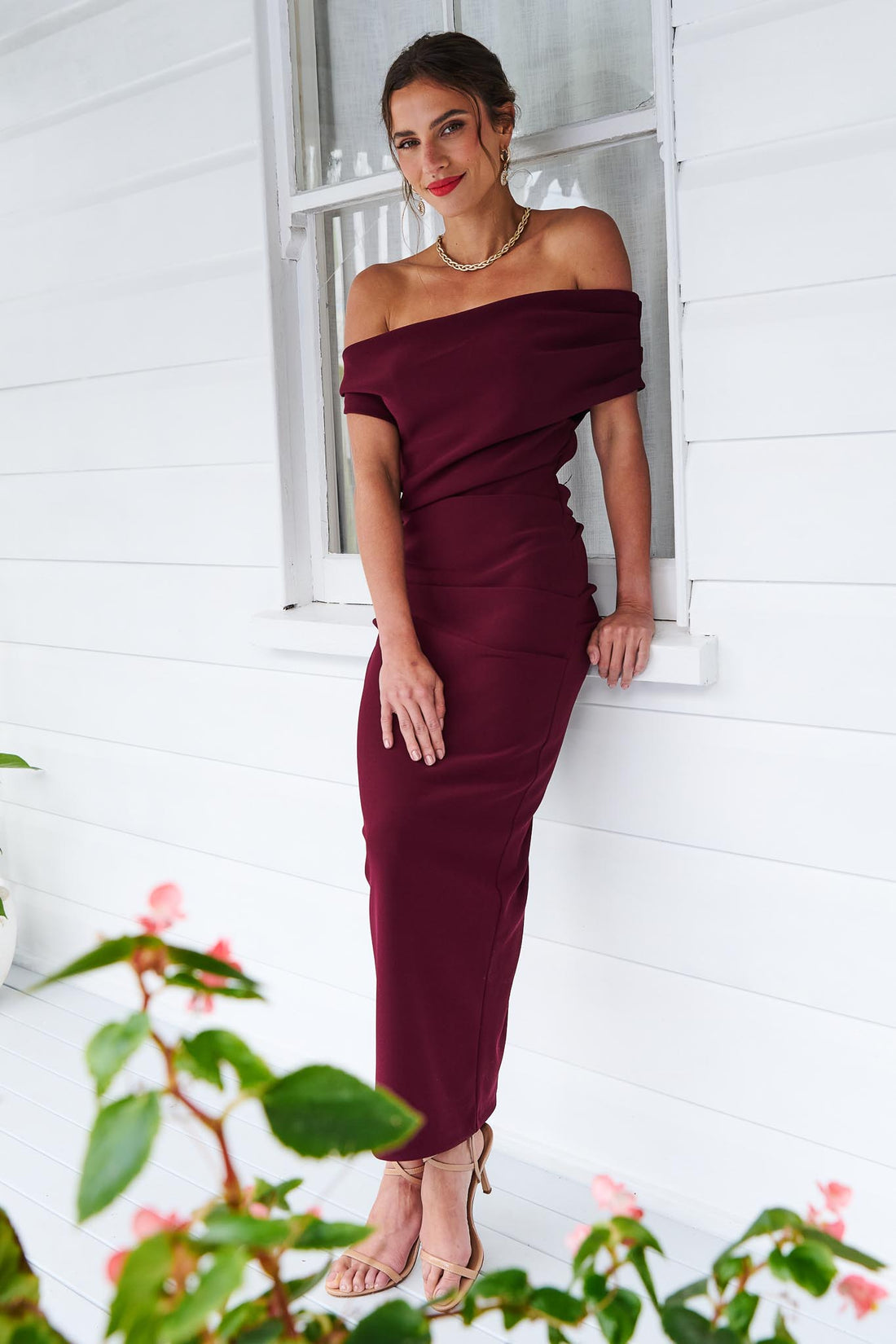 Evie Shoulder Midi Dress - Wine - SALE