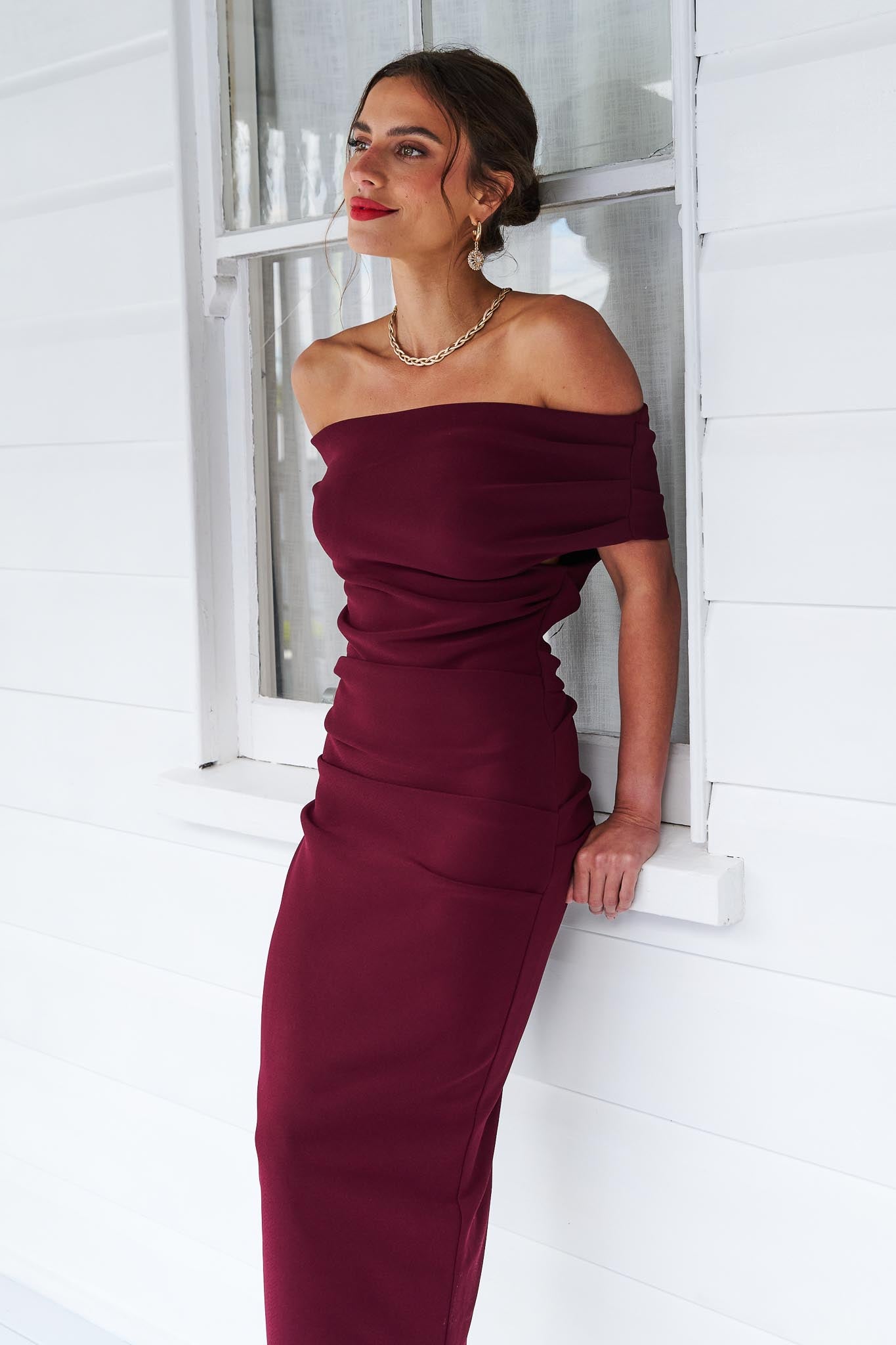 Evie Shoulder Midi Dress Wine