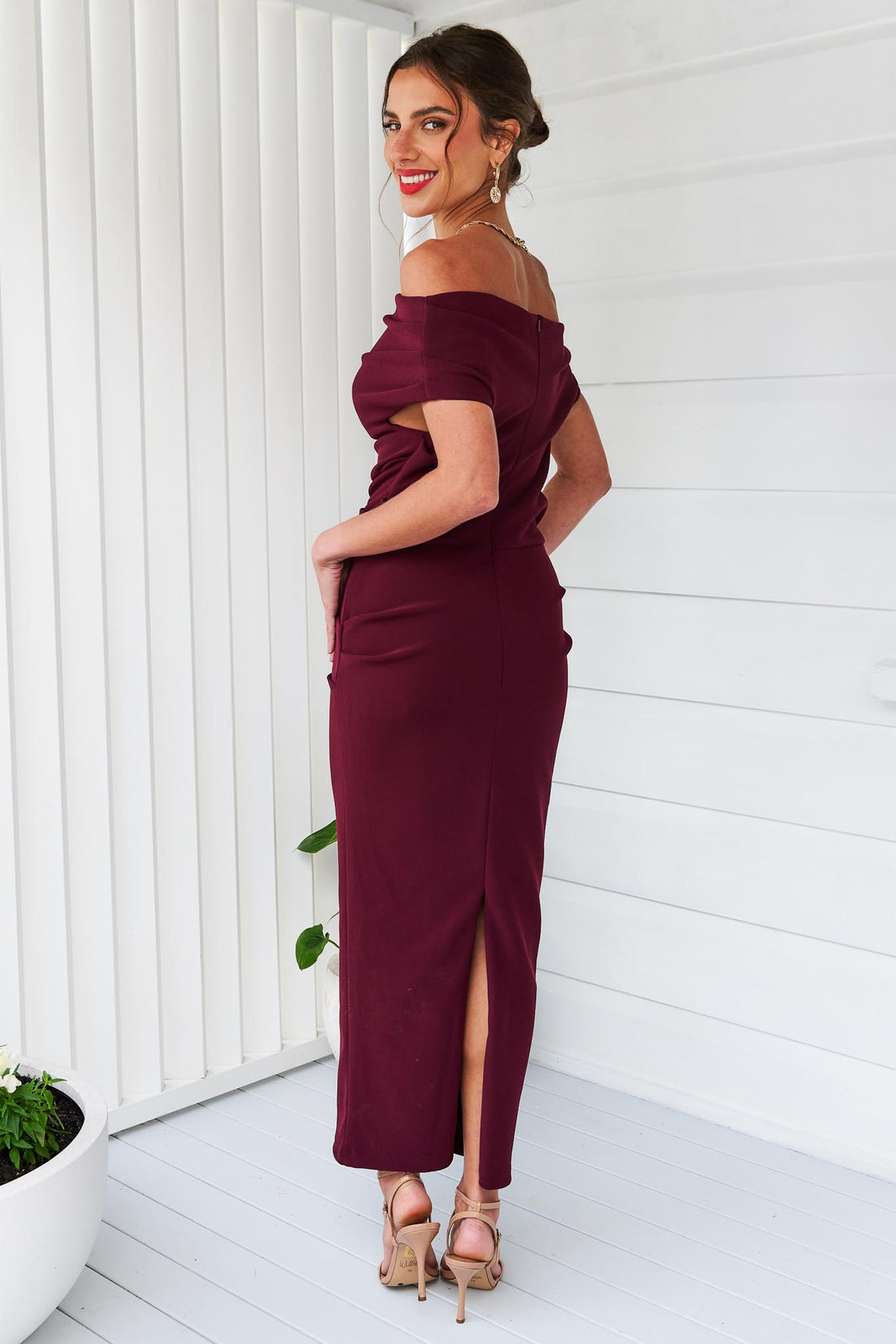 Evie Shoulder Midi Dress - Wine - SALE