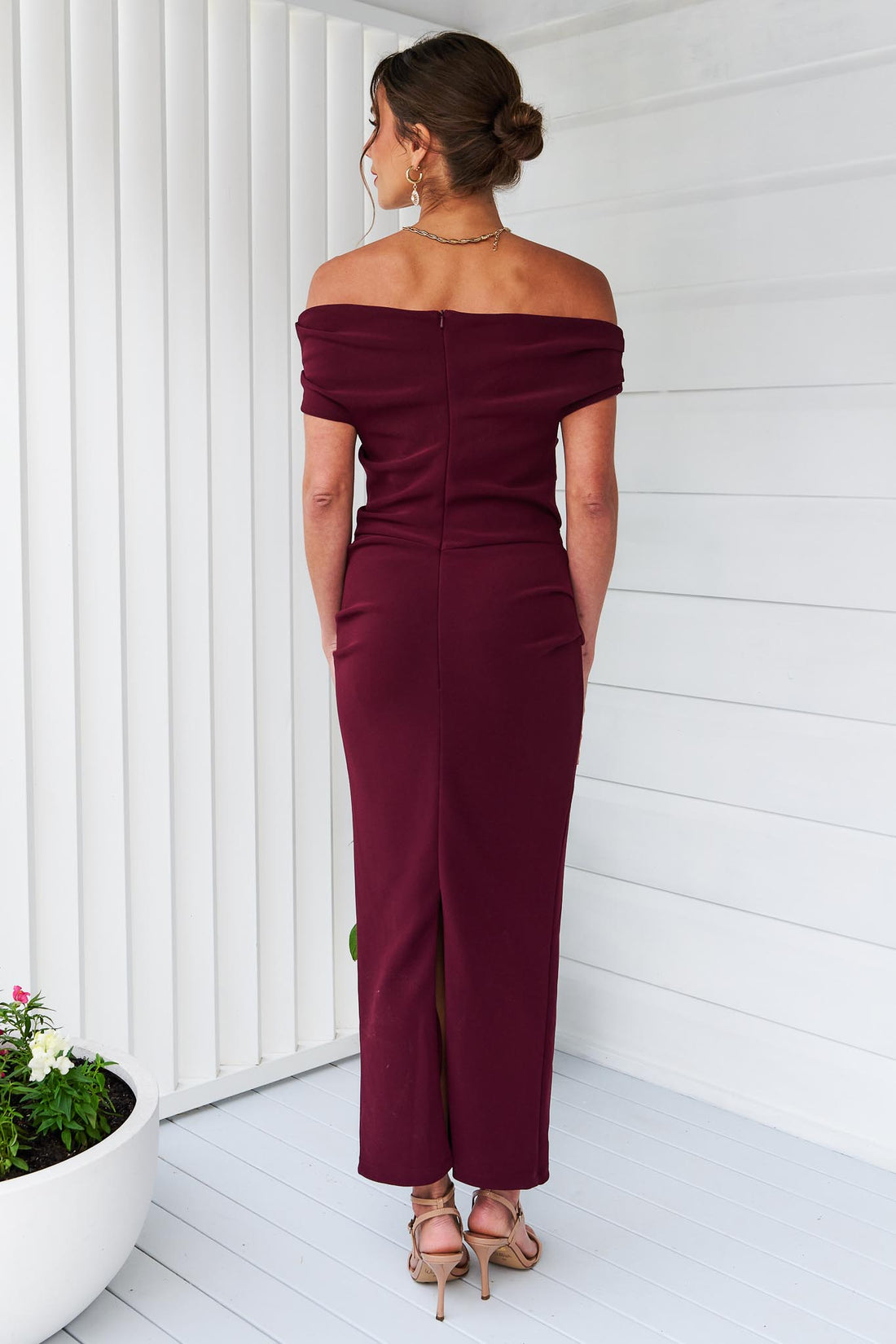 Evie Shoulder Midi Dress - Wine - SALE