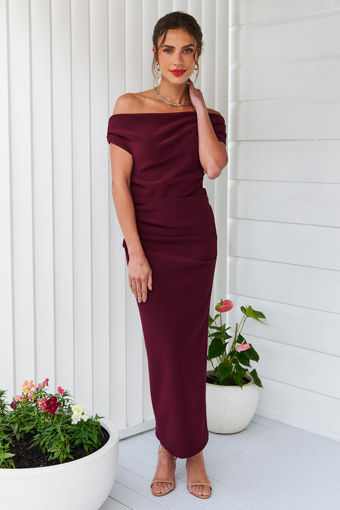 Evie Shoulder Midi Dress - Wine - SALE