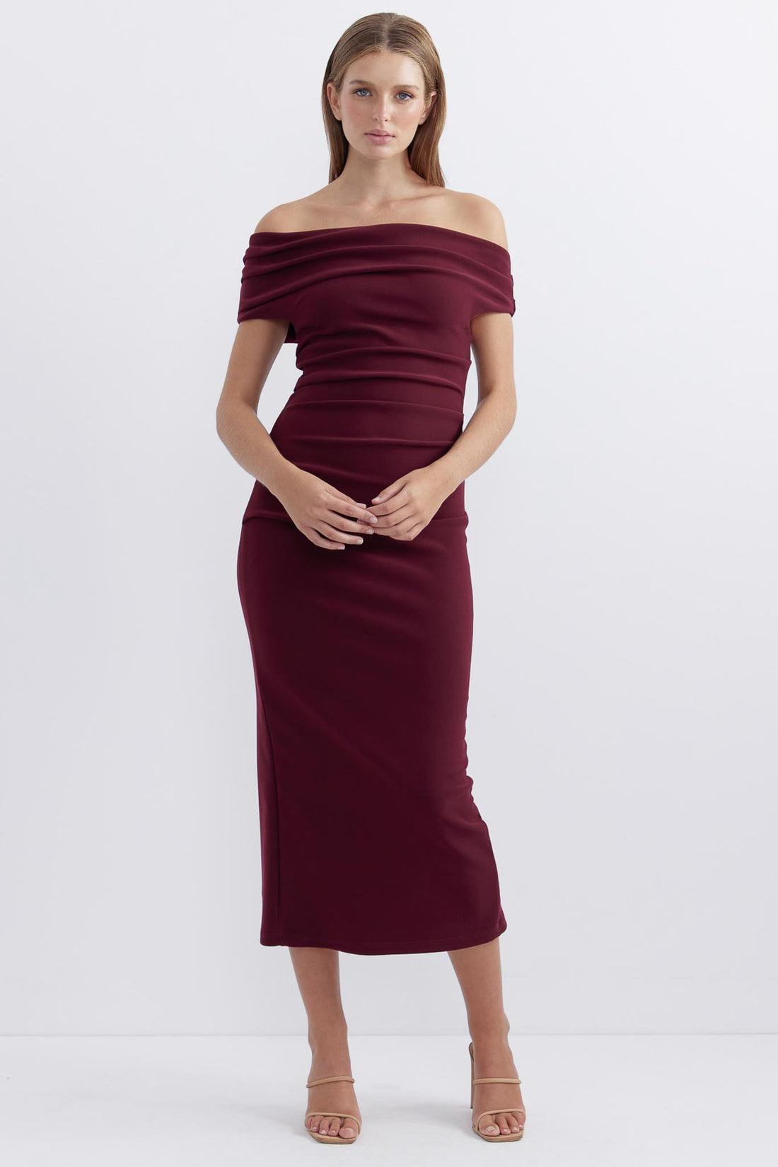 Evie Shoulder Midi Dress - Wine - SALE