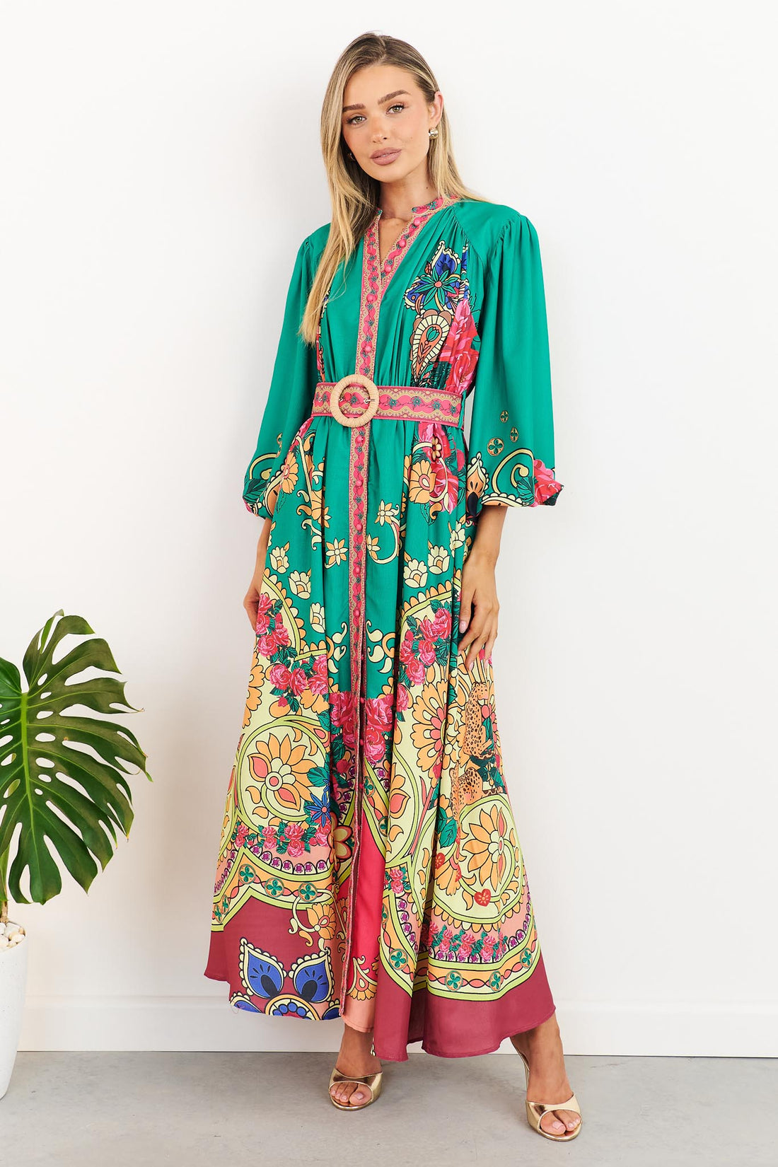 minnie + MAXXIE Franca Maxi Dress in emerald green with paisley print and matching belt
