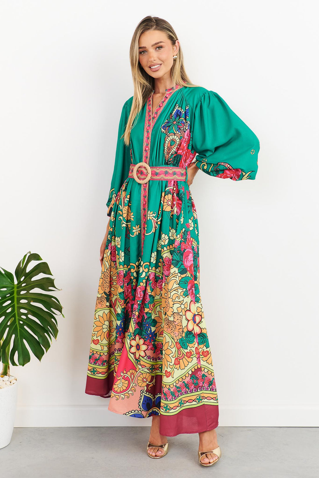 minnie + MAXXIE Franca Maxi Dress in emerald green with paisley print and matching belt