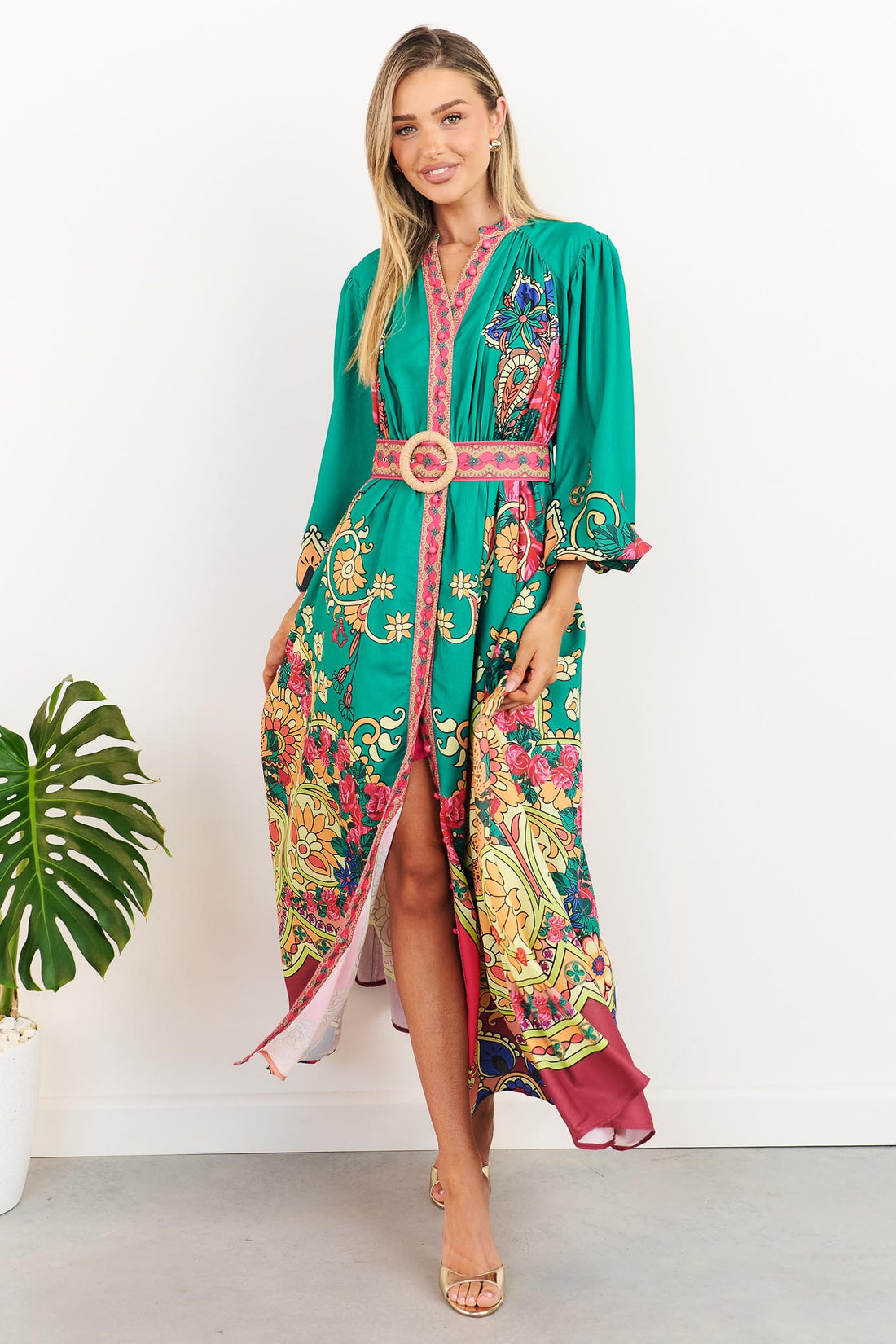 minnie + MAXXIE Franca Maxi Dress in emerald green with paisley print and matching woven buckle belt