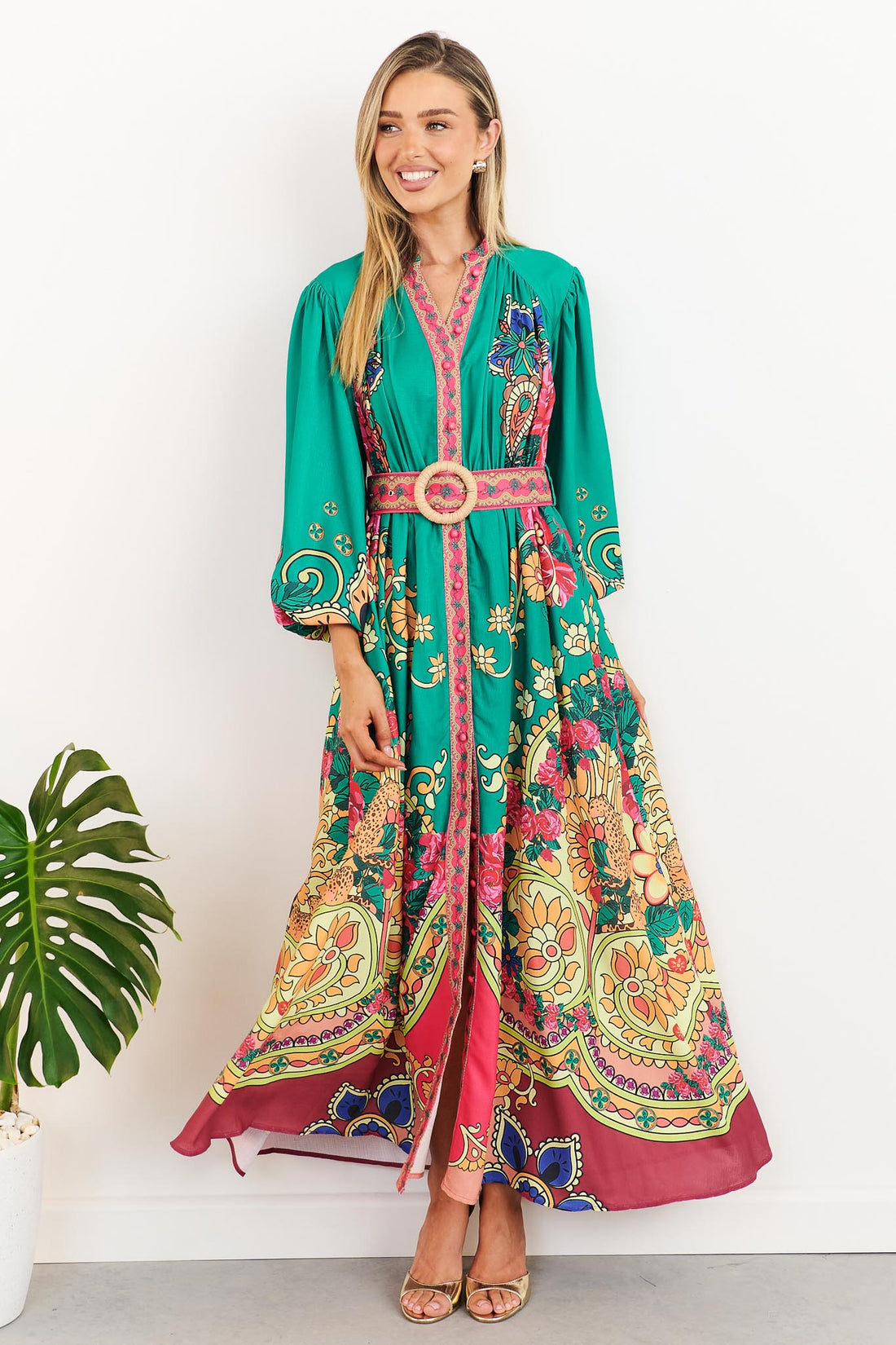 minnie + MAXXIE Franca Maxi Dress in emerald green with paisley print and matching belt