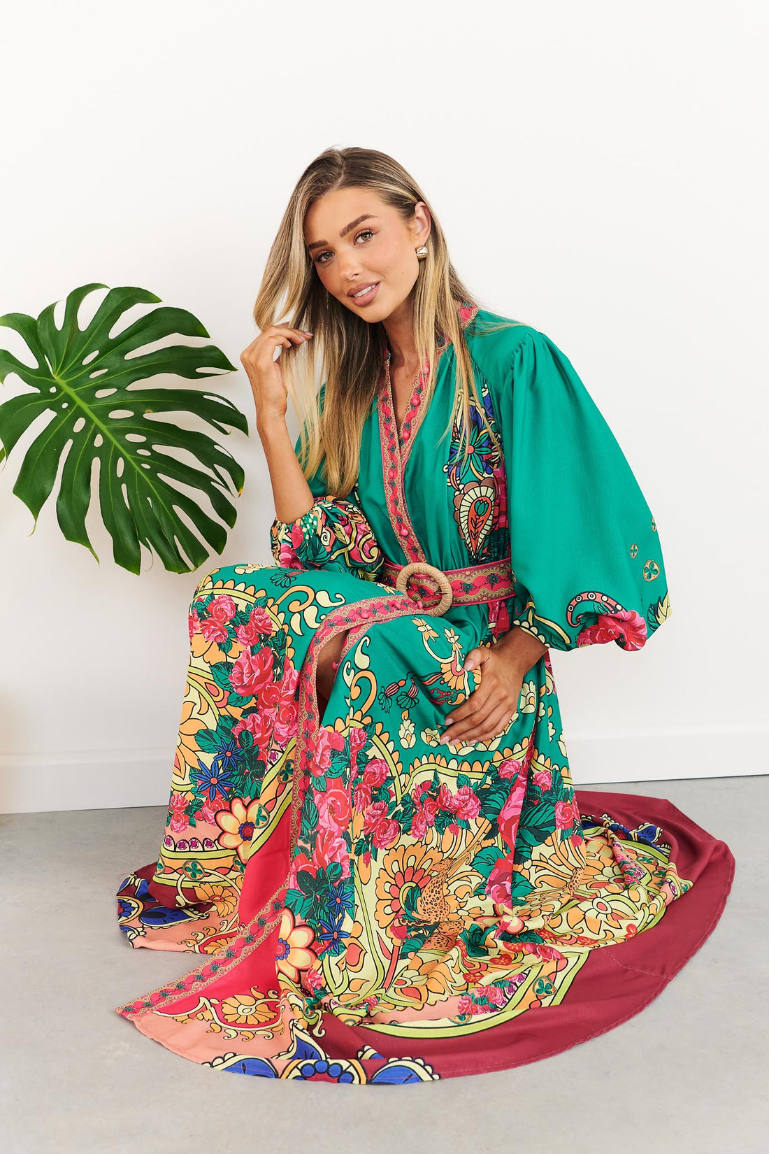 minnie + MAXXIE Franca Maxi Dress in emerald green with paisley print, balloon sleeves and matching belt