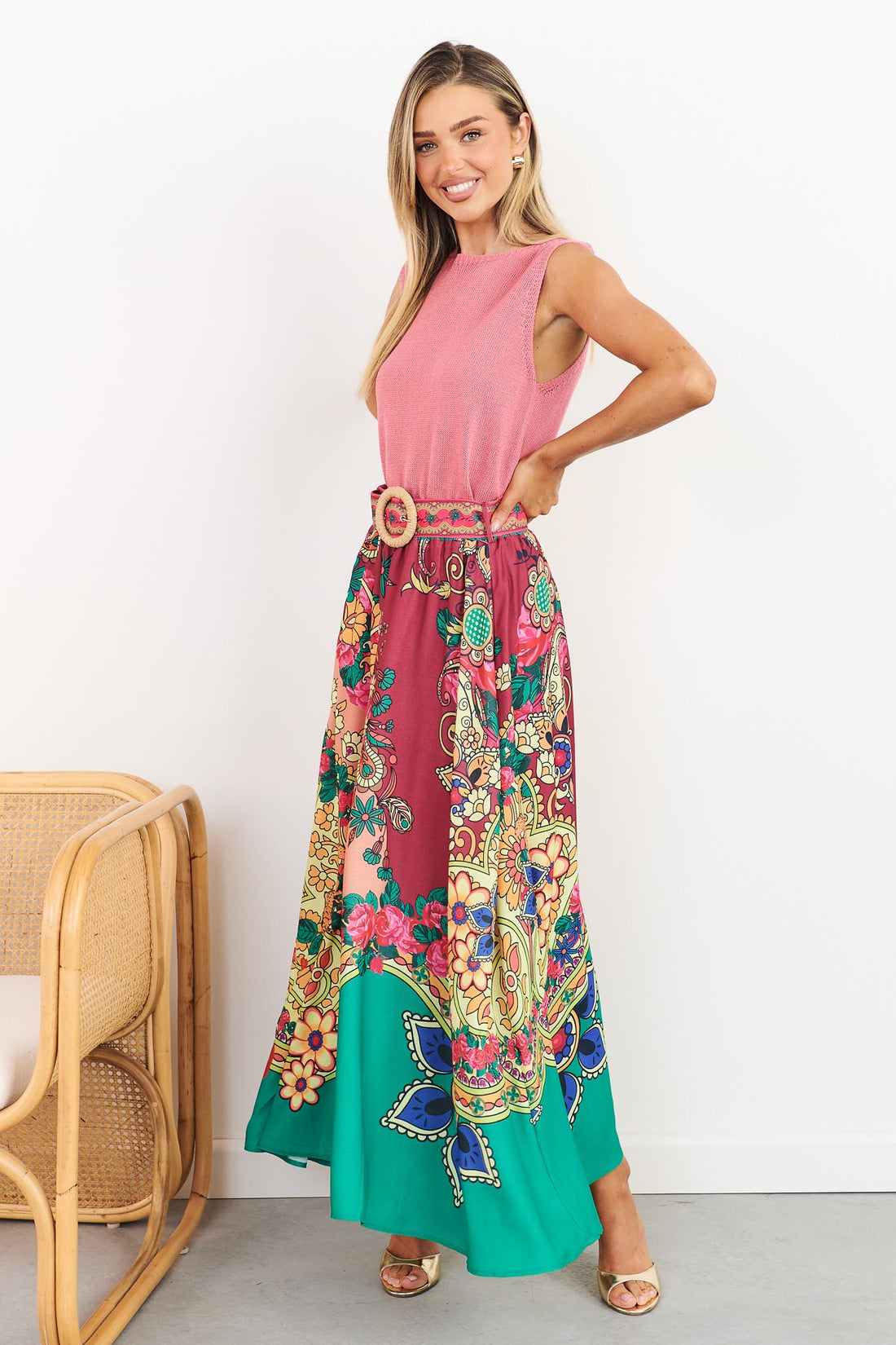 Franca paisley pink maxi skirt with woven buckle belt and pink Villa knit tank