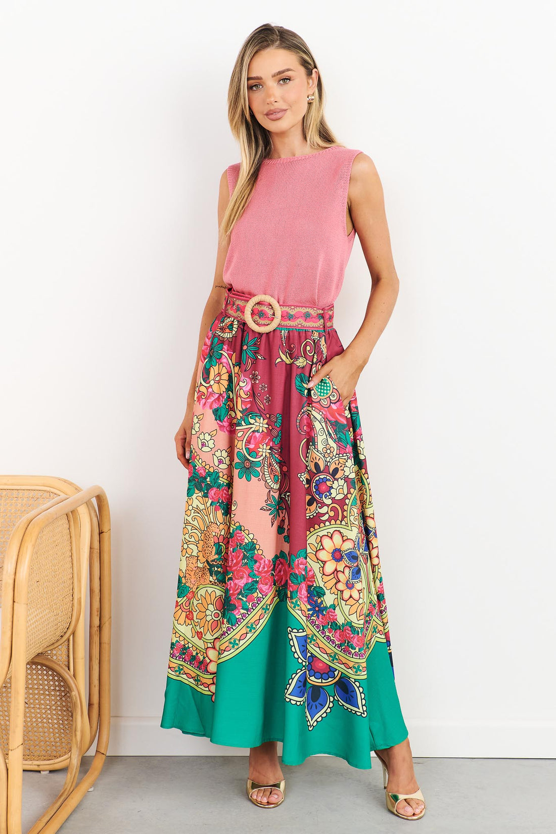 Franca paisley print maxi skirt with woven buckle belt and Villa pink knit tank