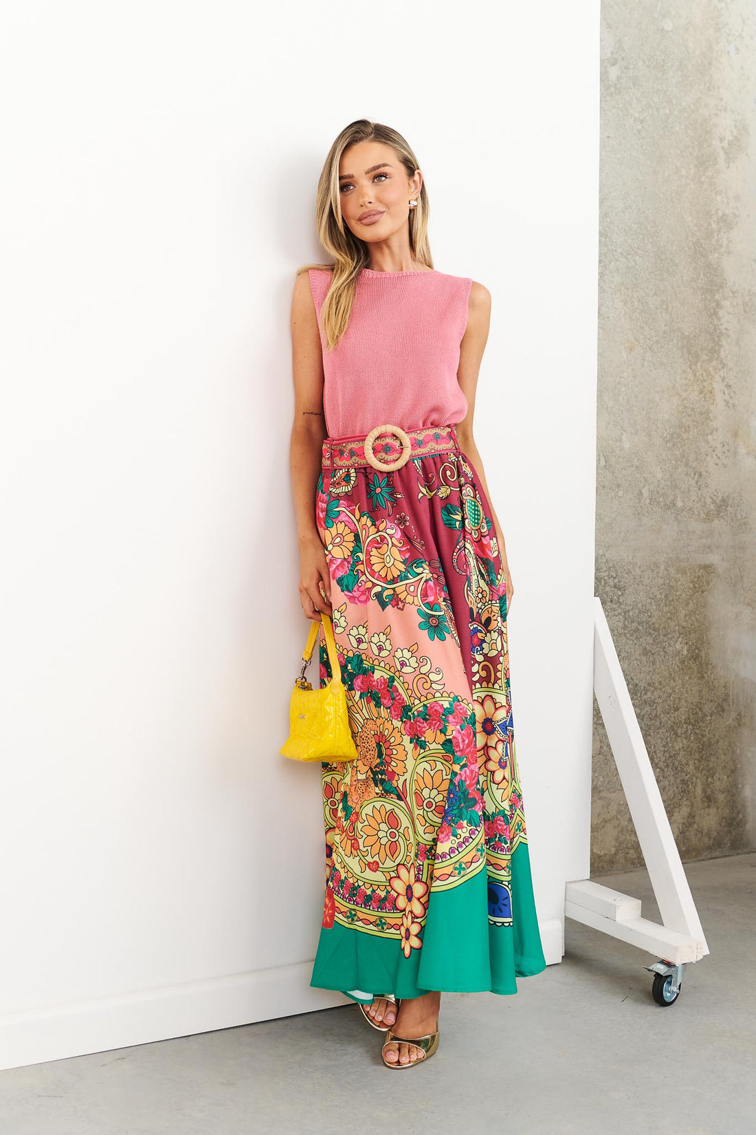 Franca paisley print maxi skirt with woven buckle belt and Villa pink knit tank