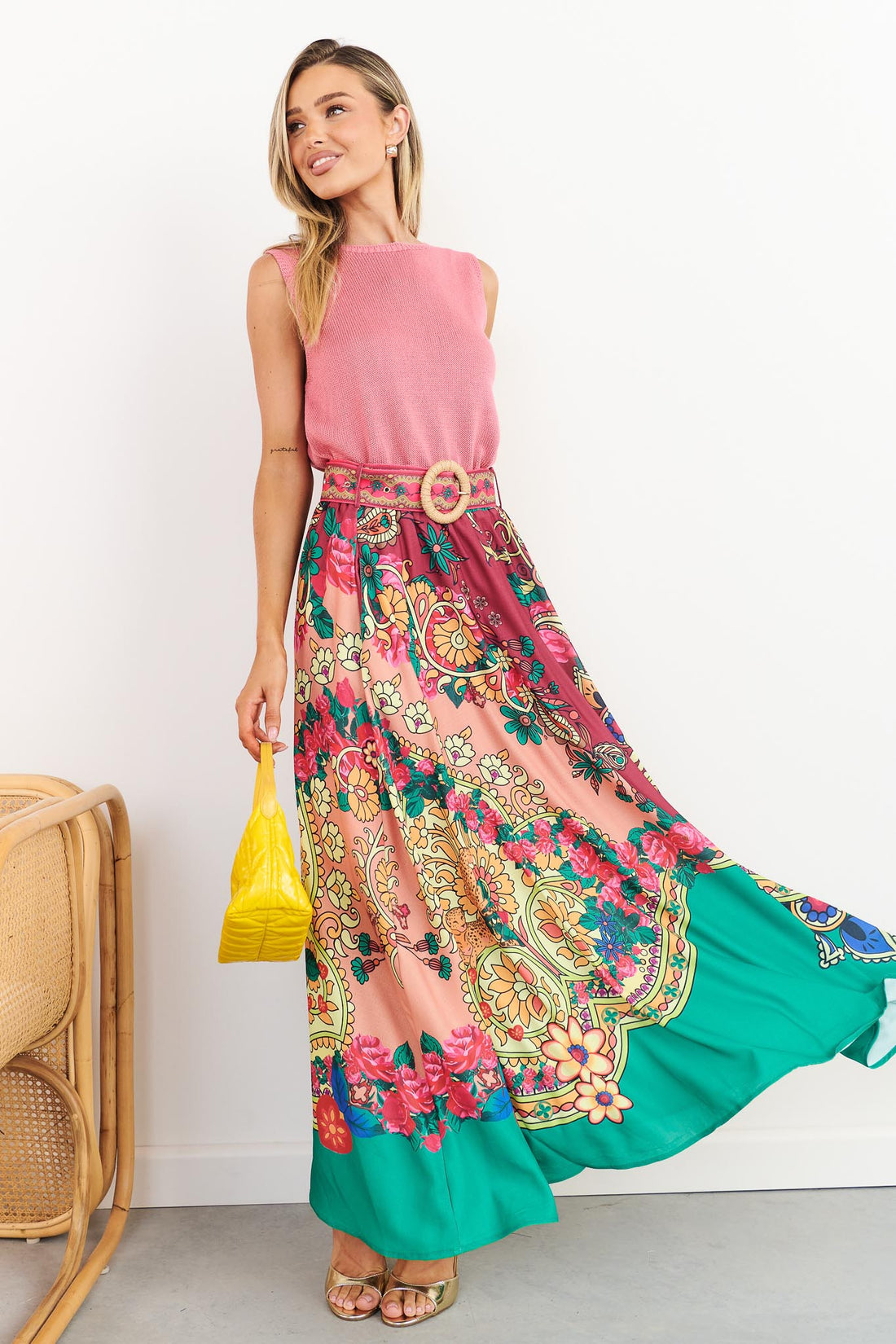 Franca paisley print maxi skirt with woven buckle belt and Villa pink knit tank