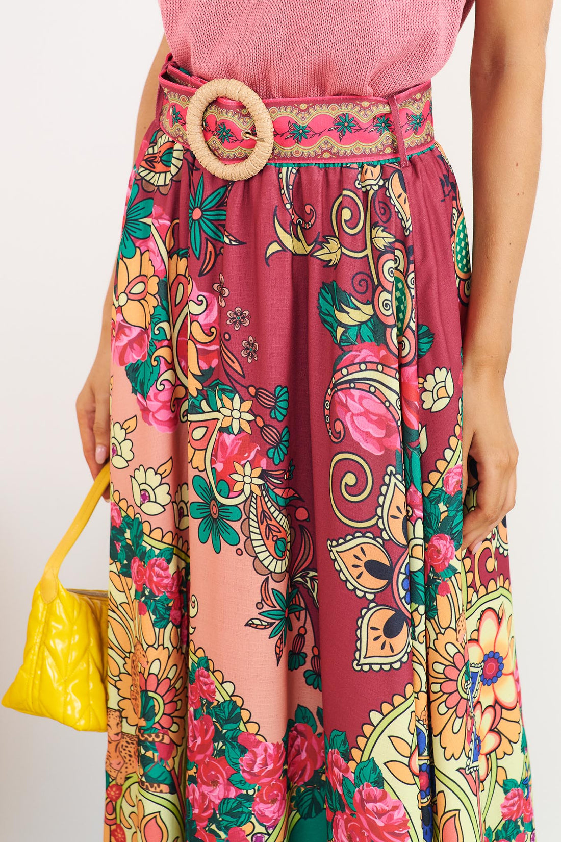 Detail of Franca paisley print skirt with woven buckle belt