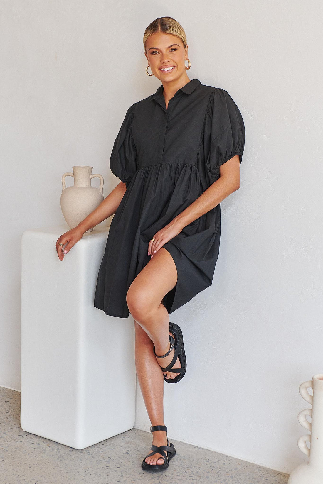 Gaia Bubble Sleeve Dress - Black - SALE