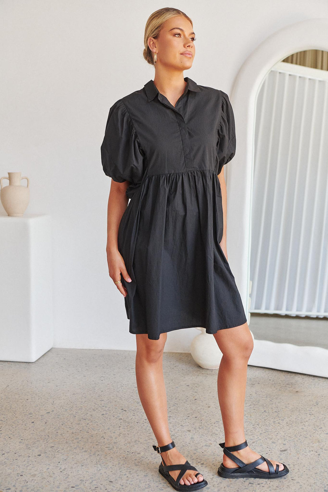 Gaia Bubble Sleeve Dress - Black - SALE