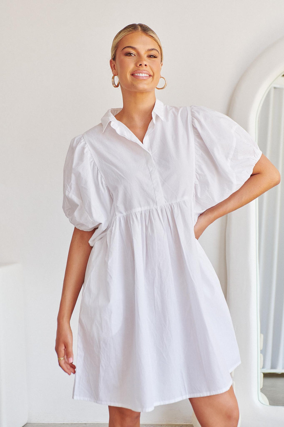 Gaia Bubble Sleeve Dress - White - SALE